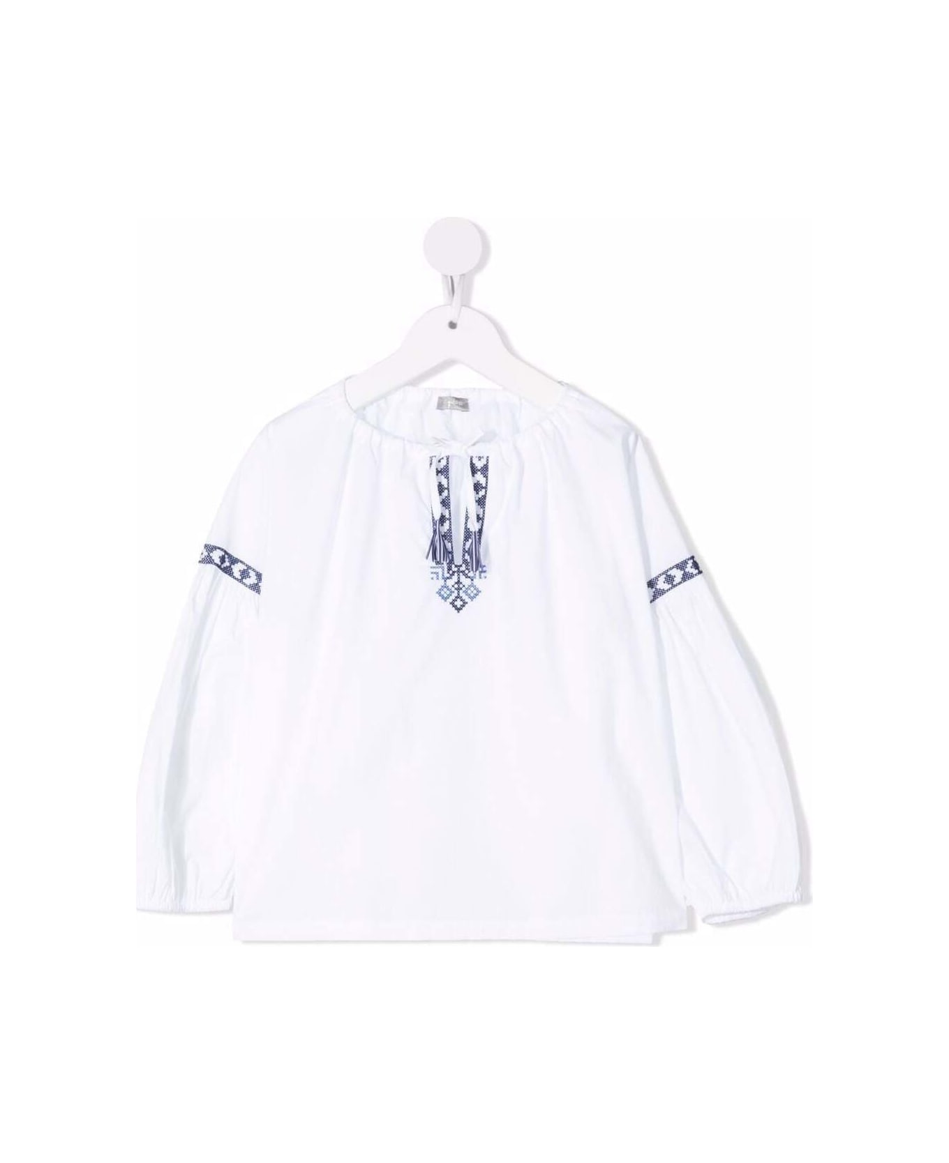 Il Gufo White Cotton Blouse With Ikat Inserts - White