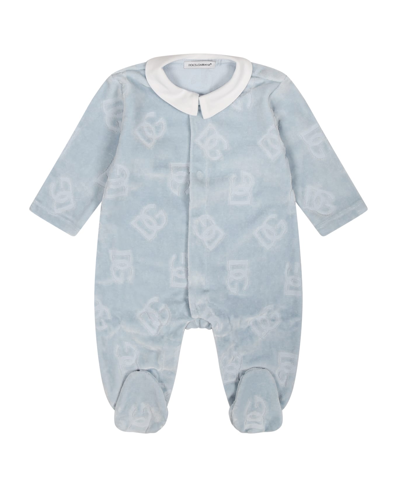 Dolce & Gabbana Light Blue Babygrow For Baby Boy With Logo - Light Blue ボディスーツ＆セットアップ
