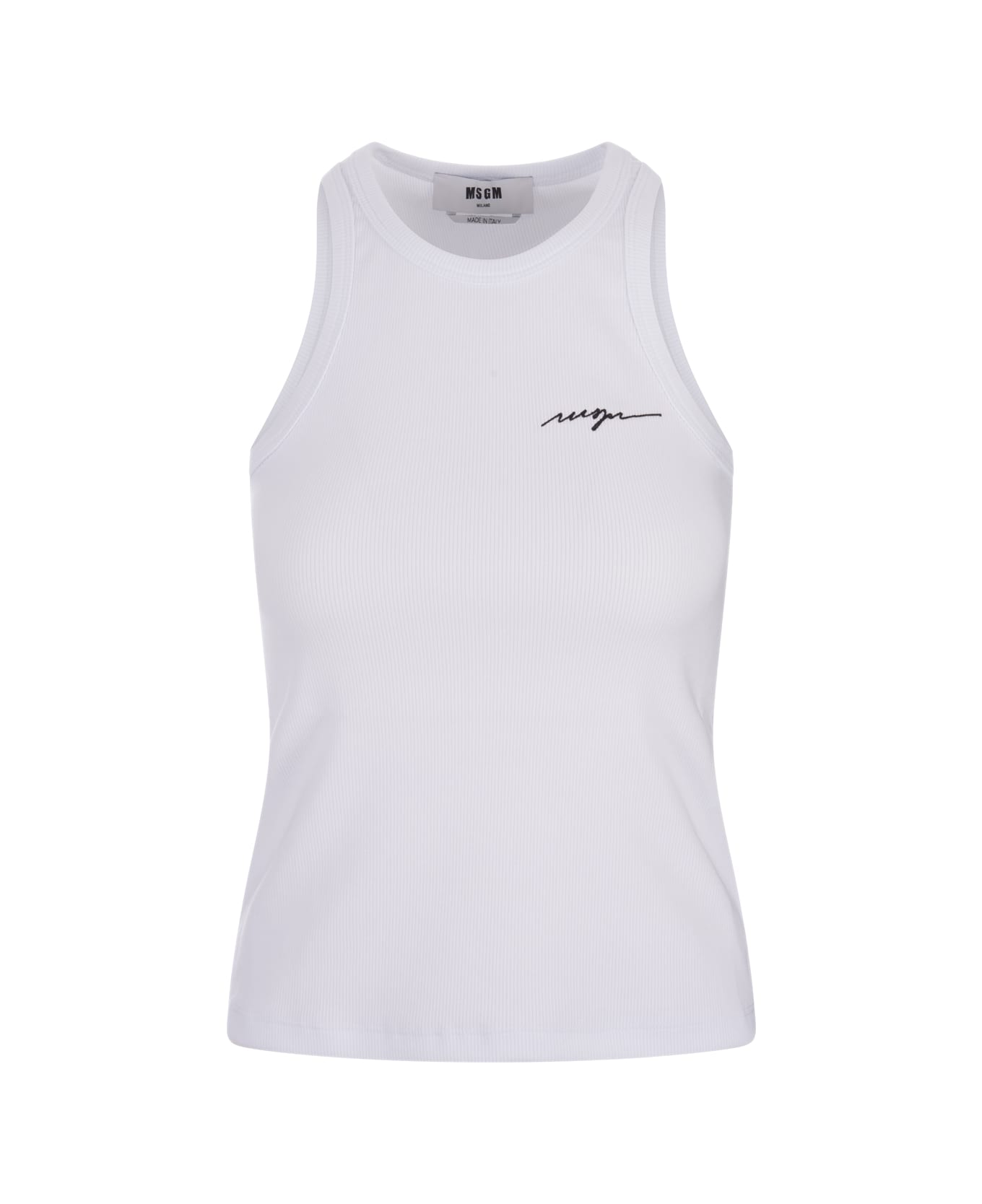 MSGM White Ribbed Tank Top With Msgm Signature - White