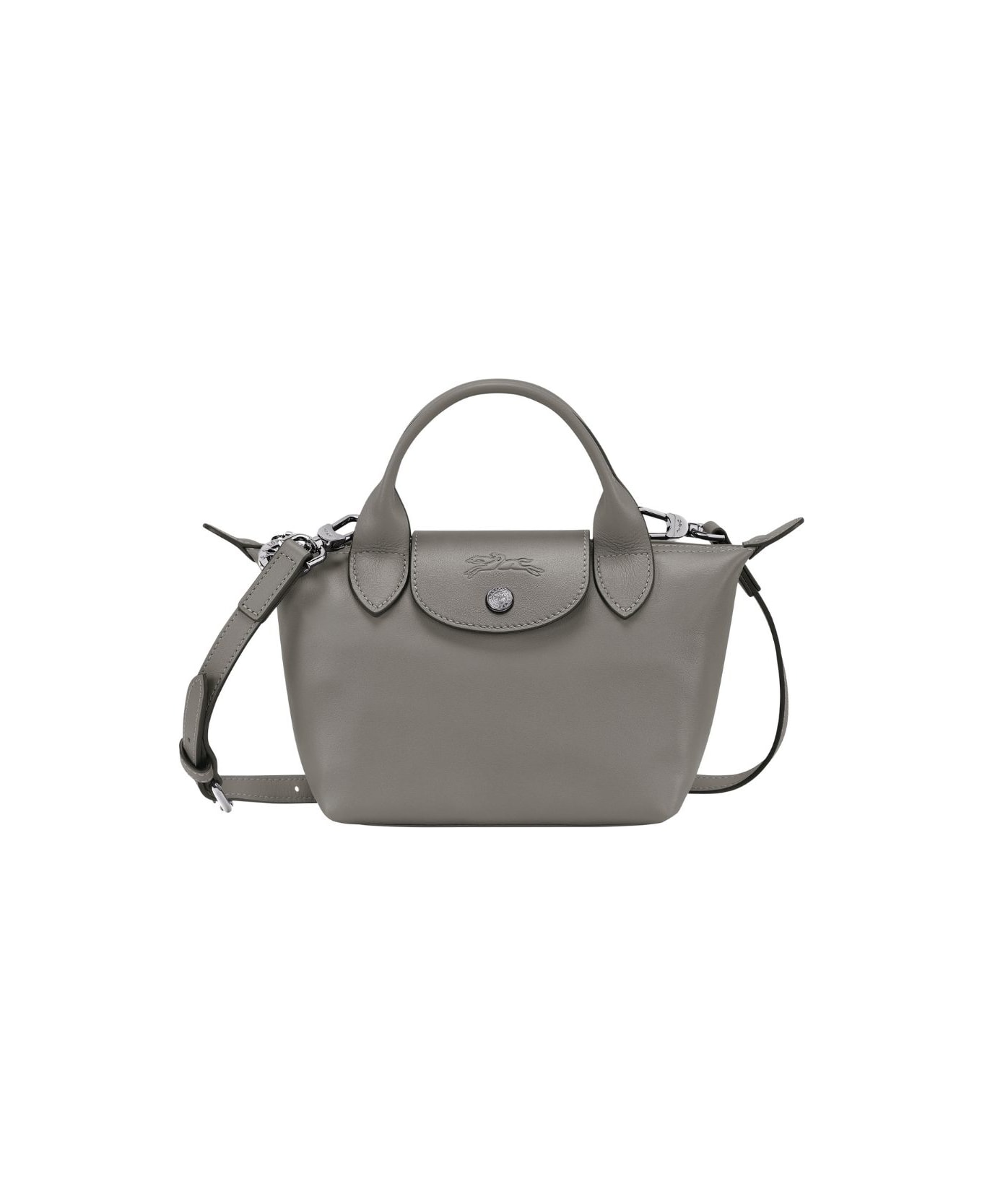 Longchamp 'le Pliage Xtra' Grey Shoulder Bag With Engraved Logo On The Front In Leather Woman - Grey