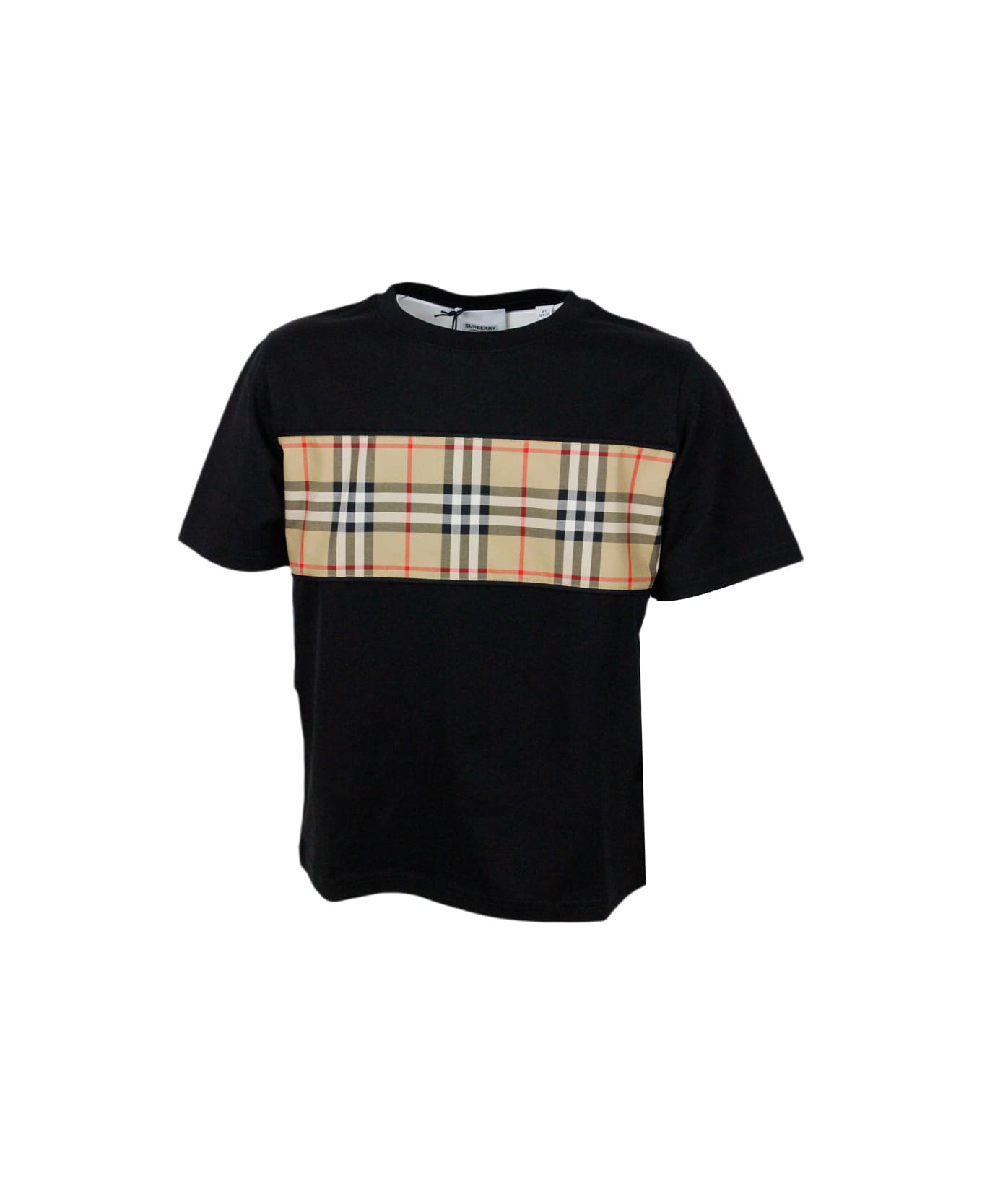 Burberry Crew Neck T-shirt In Cotton Jersey With Classic Check Pattern On The Front - Black Tシャツ＆ポロシャツ