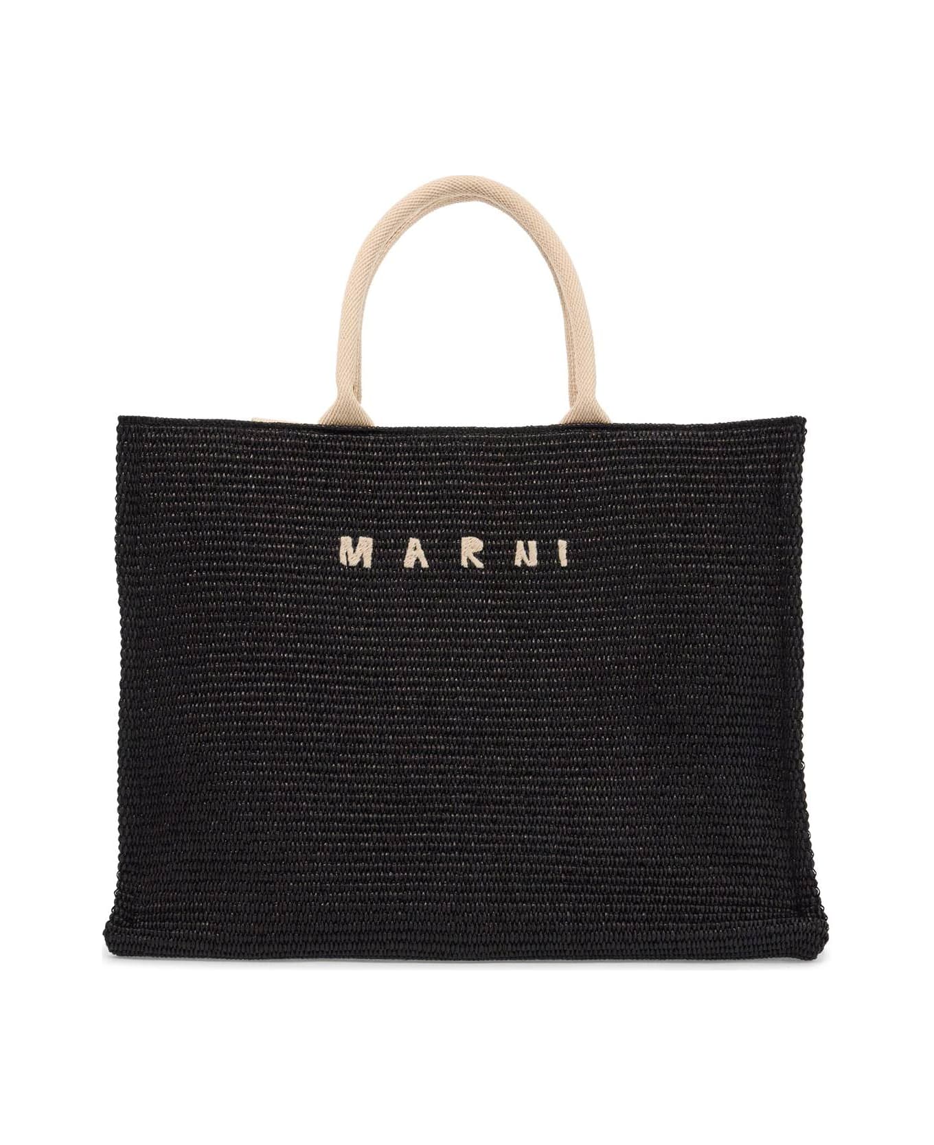 Marni Fabric Rafia Effect Shopping Bag - Black/natural