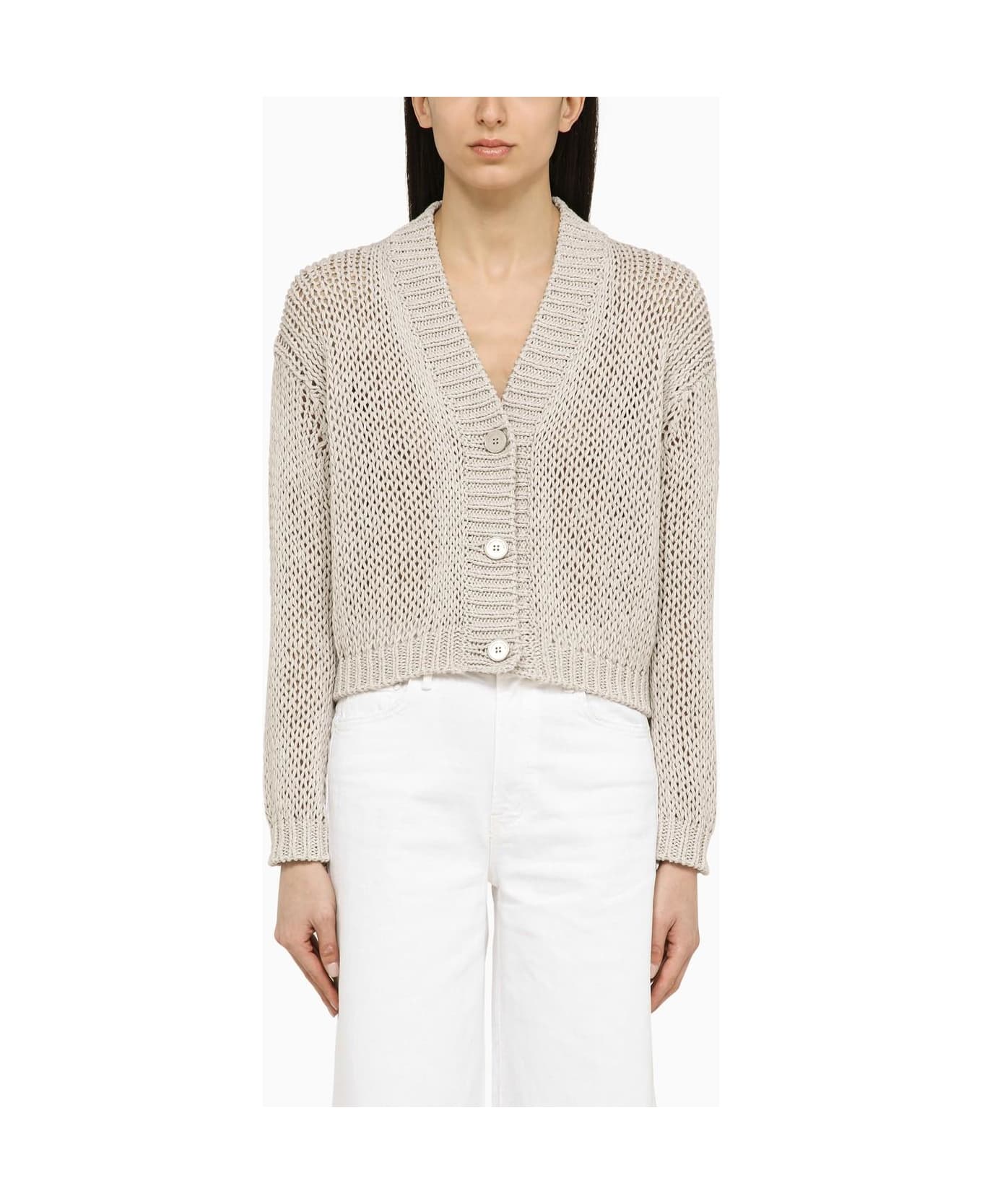 Roberto Collina Pearl-coloured Knitted Cardigan In Cotton Blend - Grey