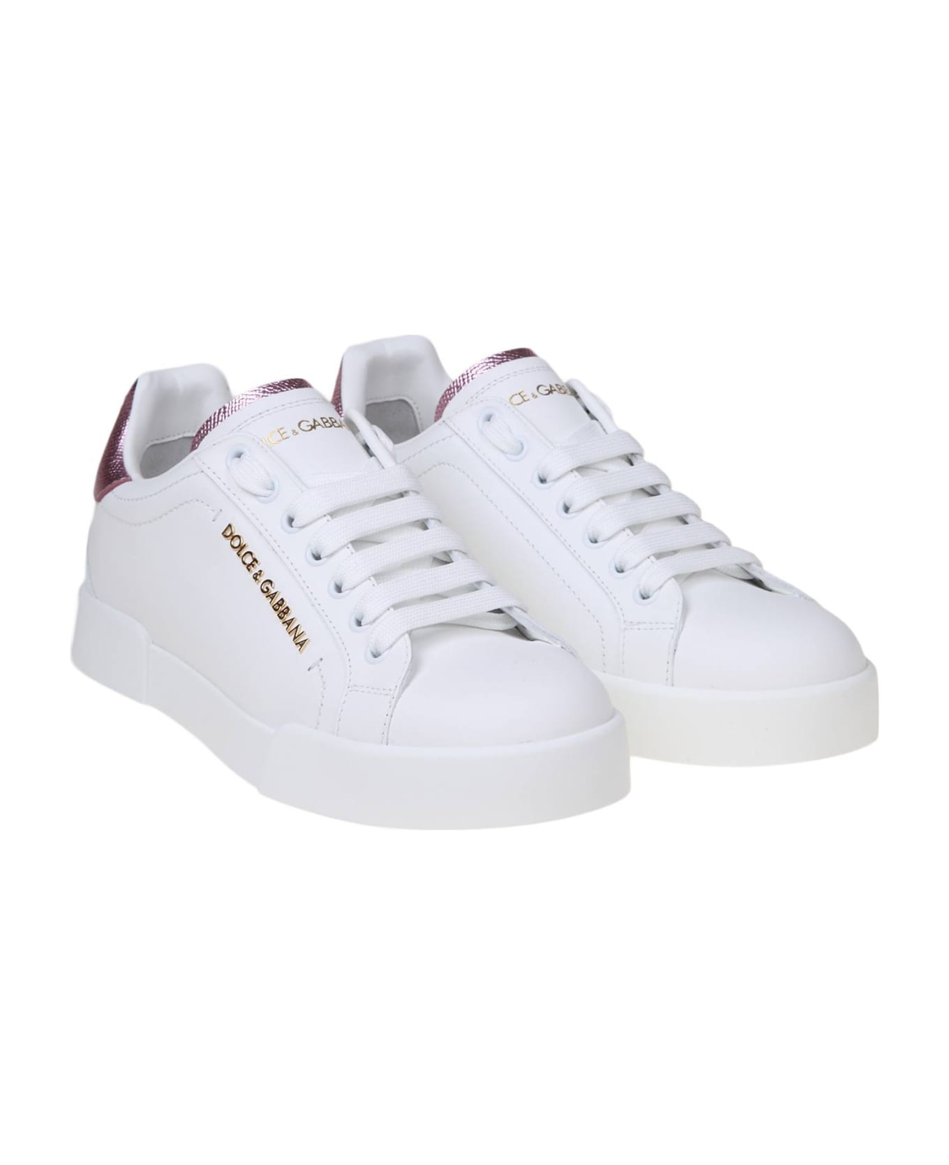 Dolce & Gabbana Portofino Sneakers In White Leather With Logo Pearl - WHITE/PINK