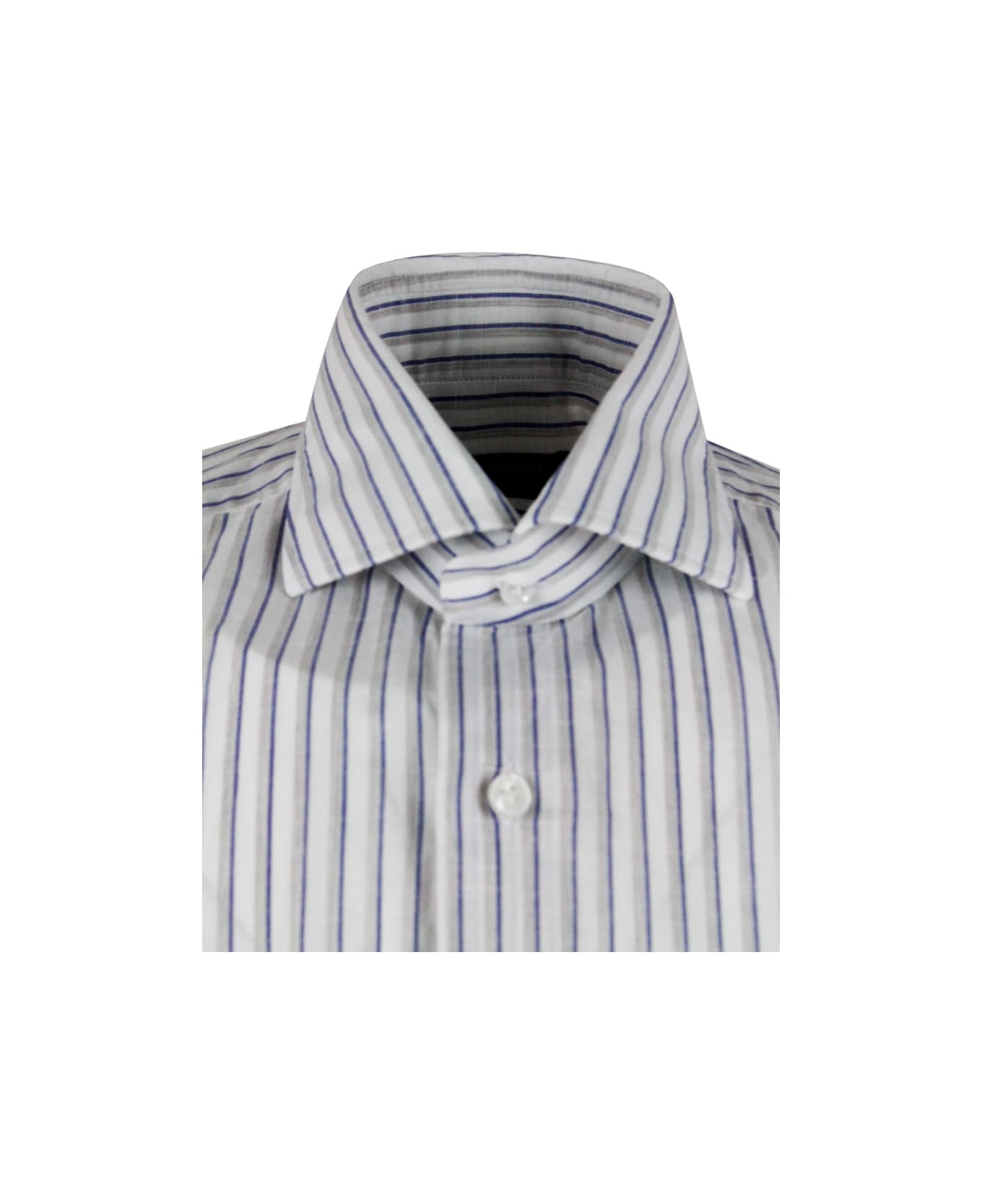 Barba Napoli Long-sleeved Cult Shirt With French Collar With Gray And Blue Stripes On A White Base In Cotton And Linen - White