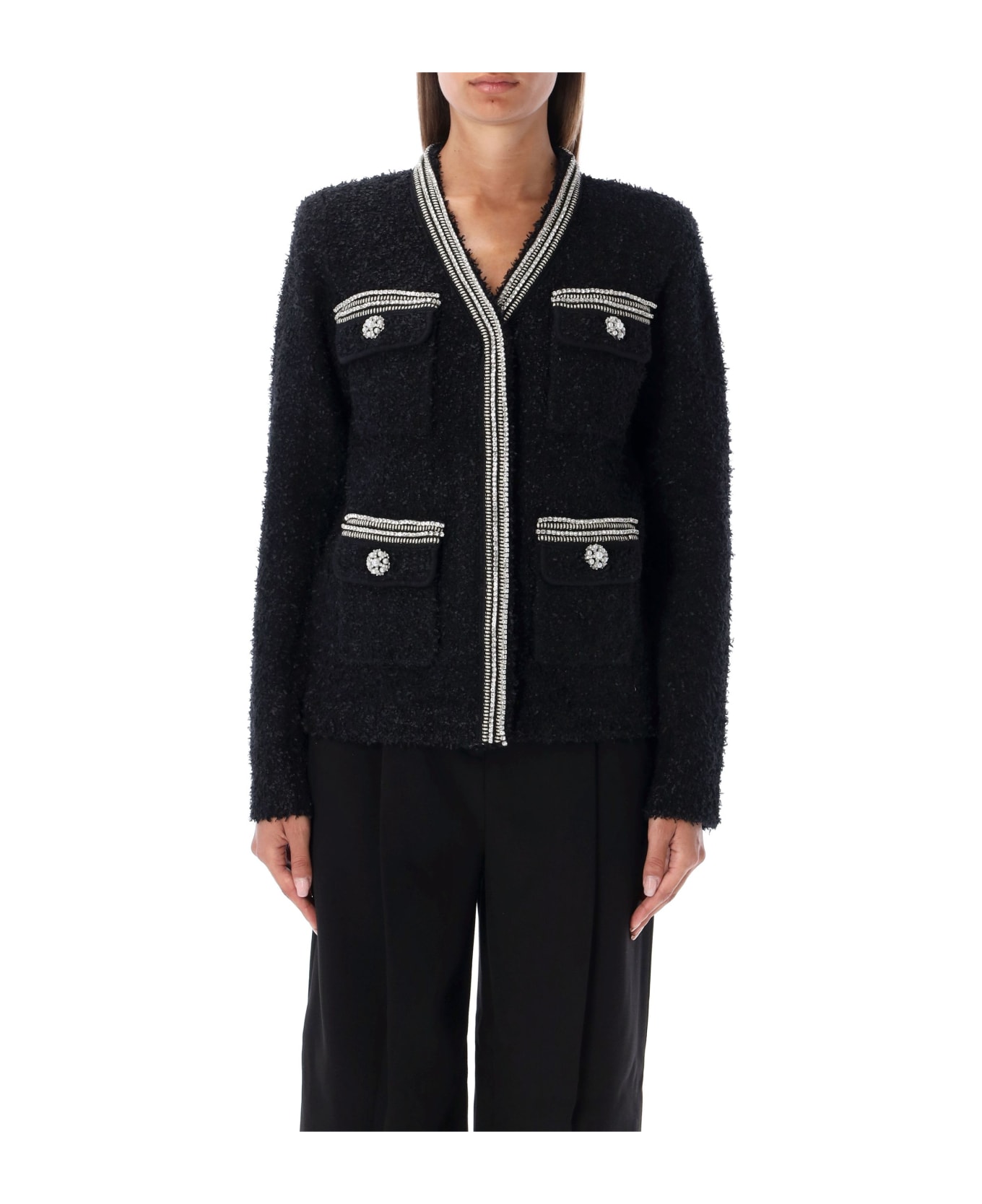 self-portrait Tape Knit Cardigan - BLACK