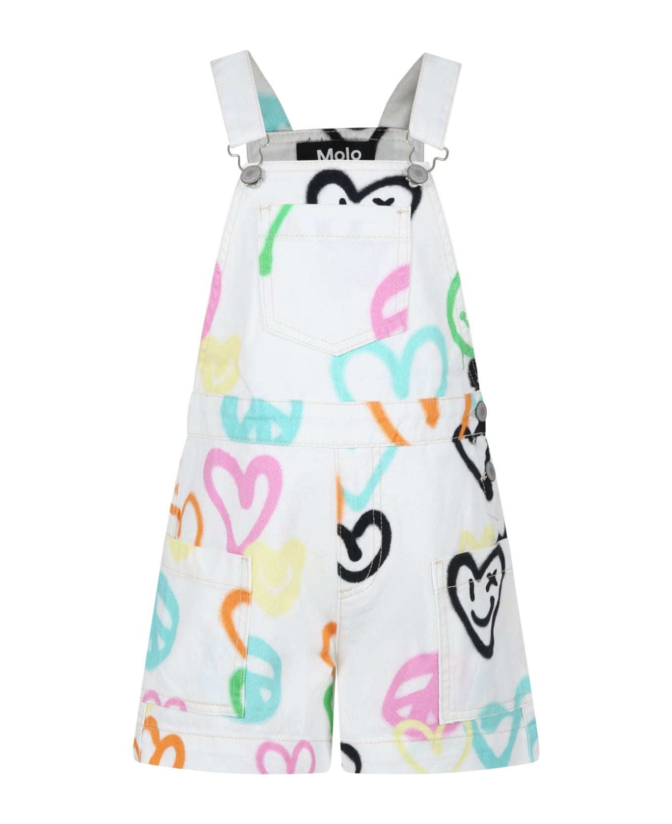 Molo White Dungarees For Girl With Hearts Print - White
