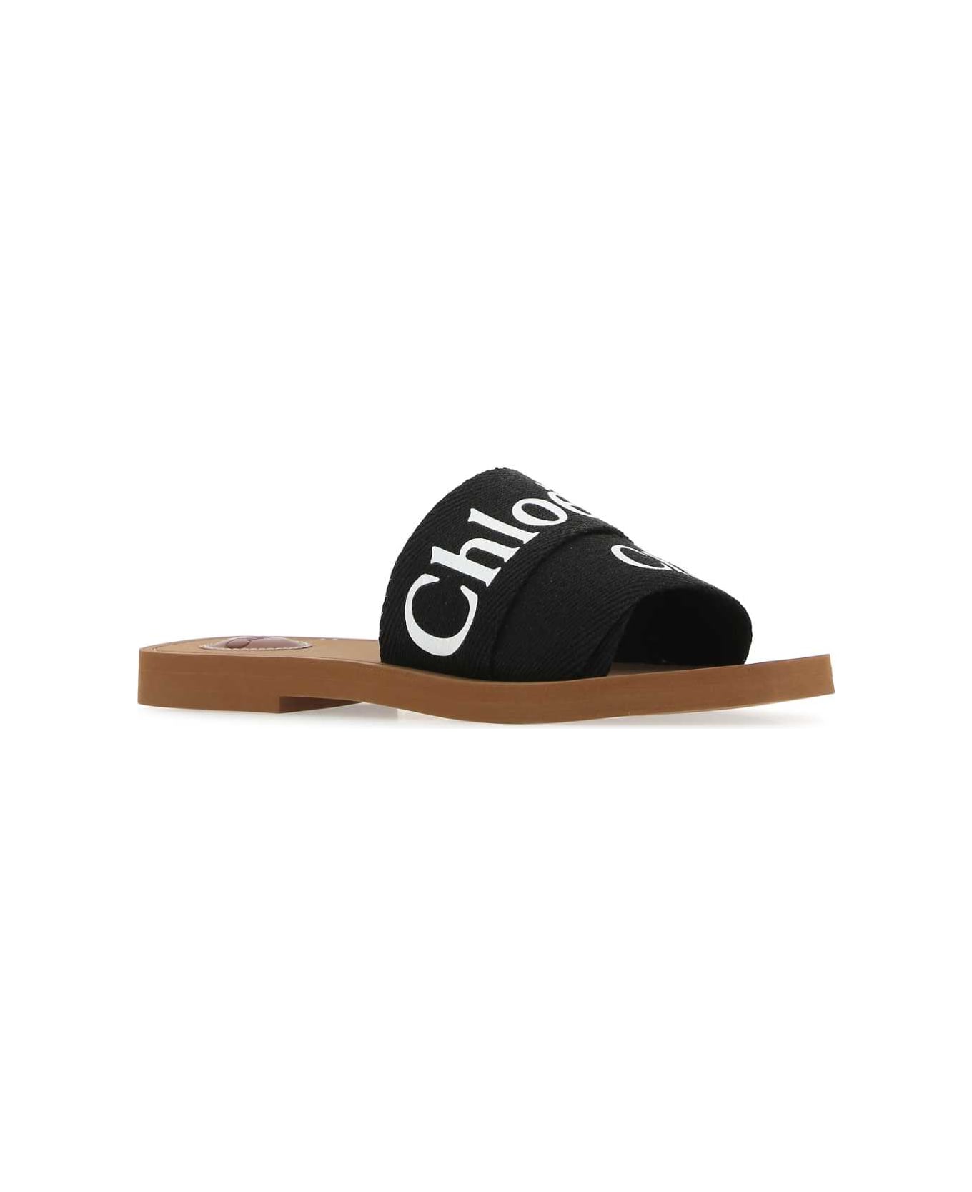 Chloé Black Linen Woody Slippers - 001