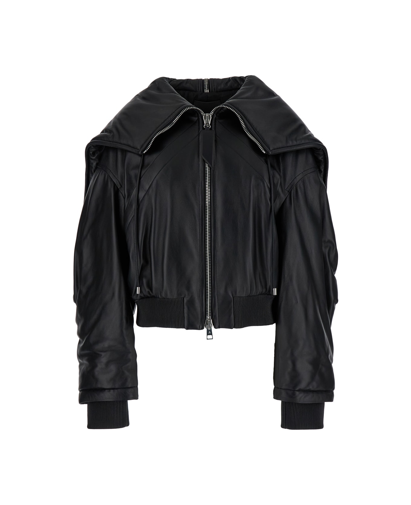 The Attico Black Bomber Jacket With Zipped Oversized Hood In Leather Woman - Black