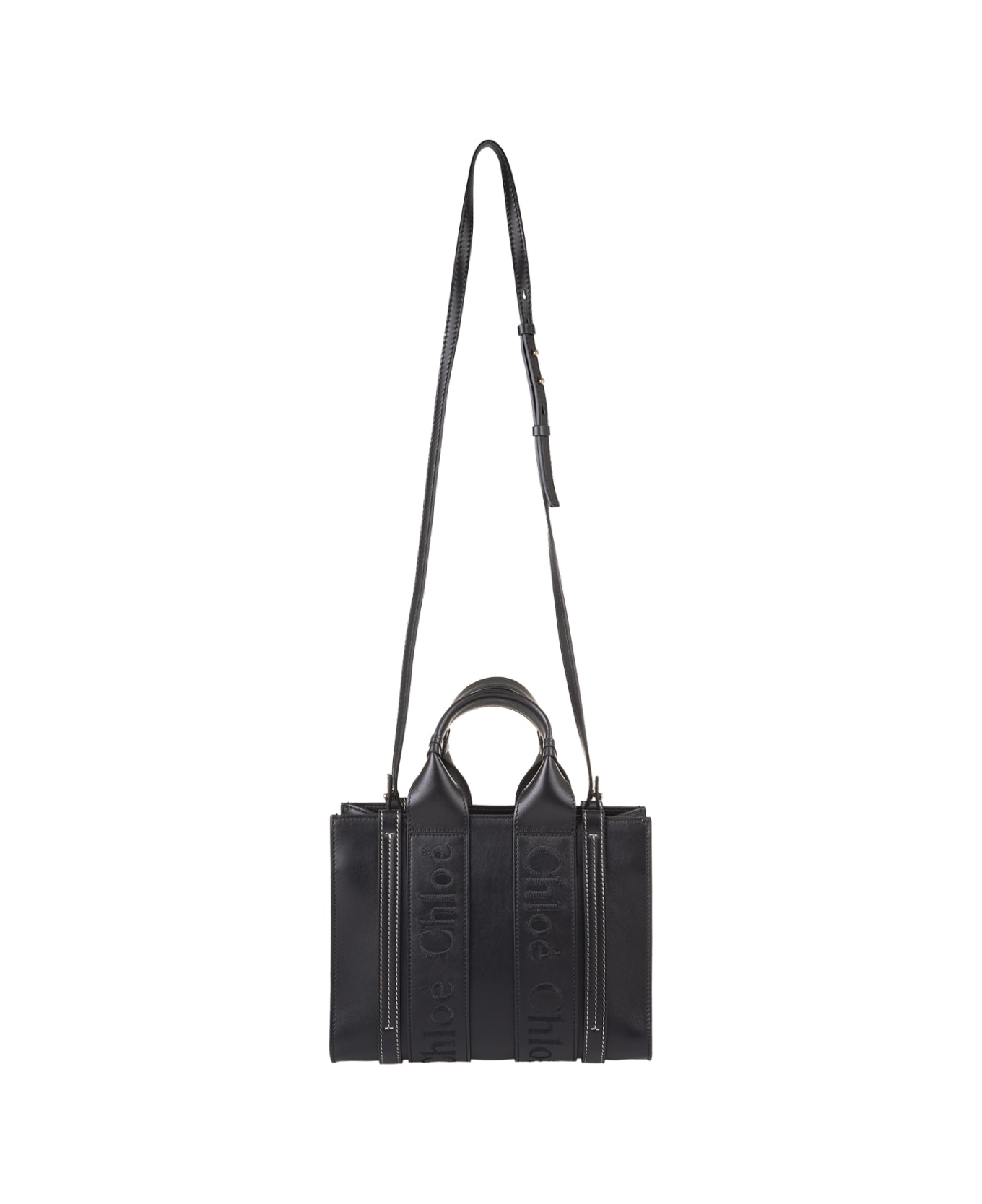 Chloé Woody Small Shopping Bag In Black Leather - Black