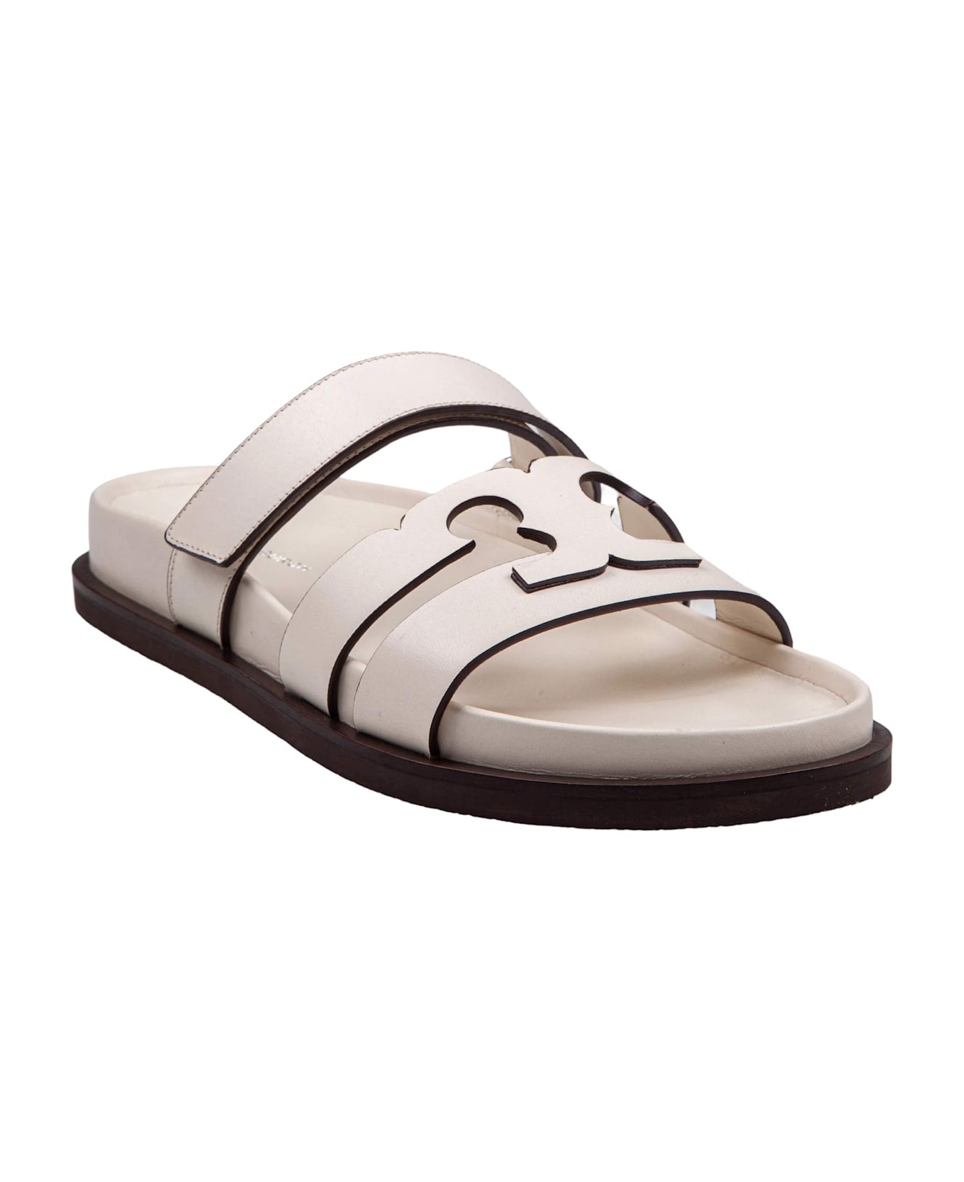 Tory Burch Slide Ines Sport Double T In Ivory Leather - Ivory