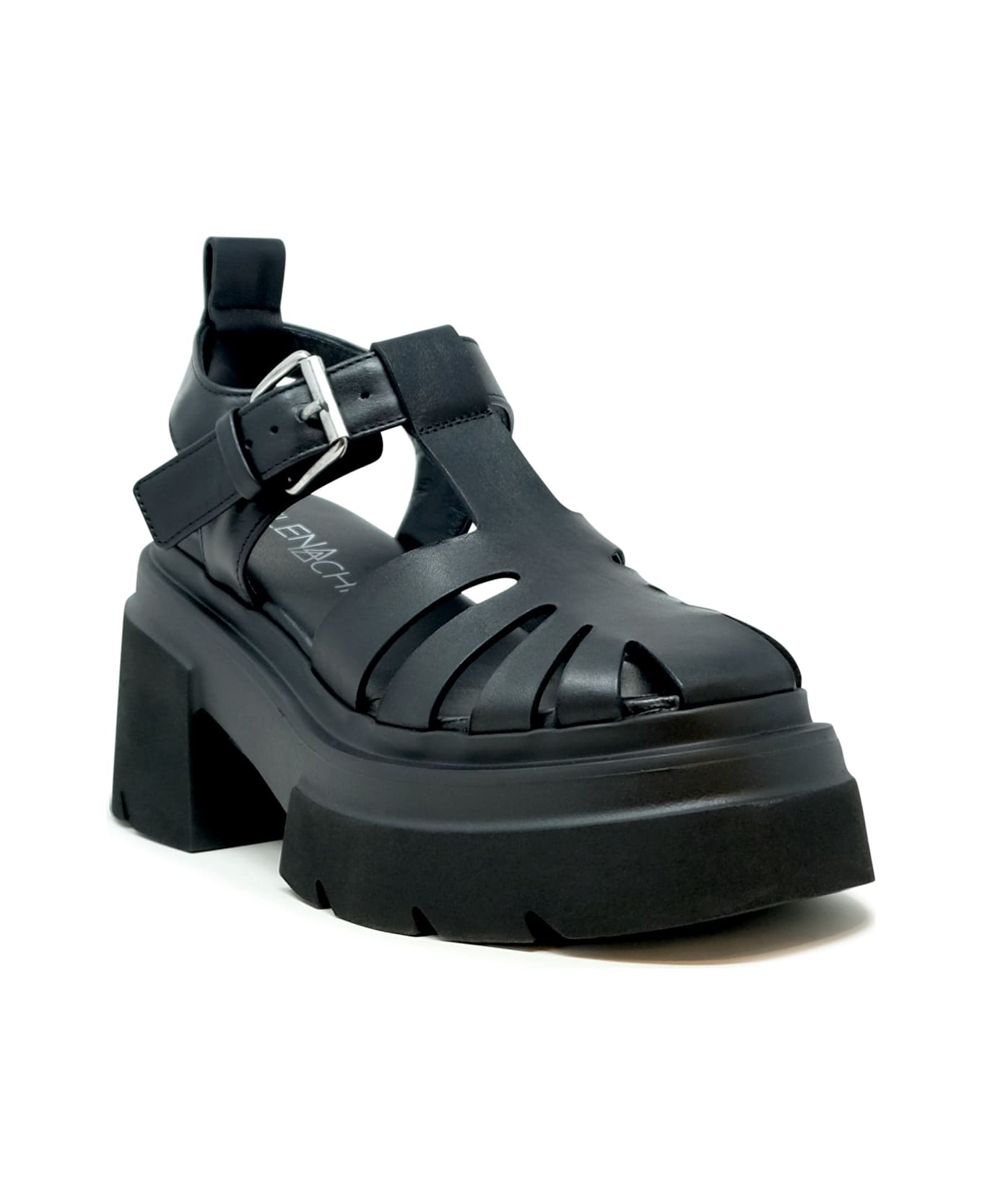 Elena Iachi Black Leather Flat Sandals - BLACK