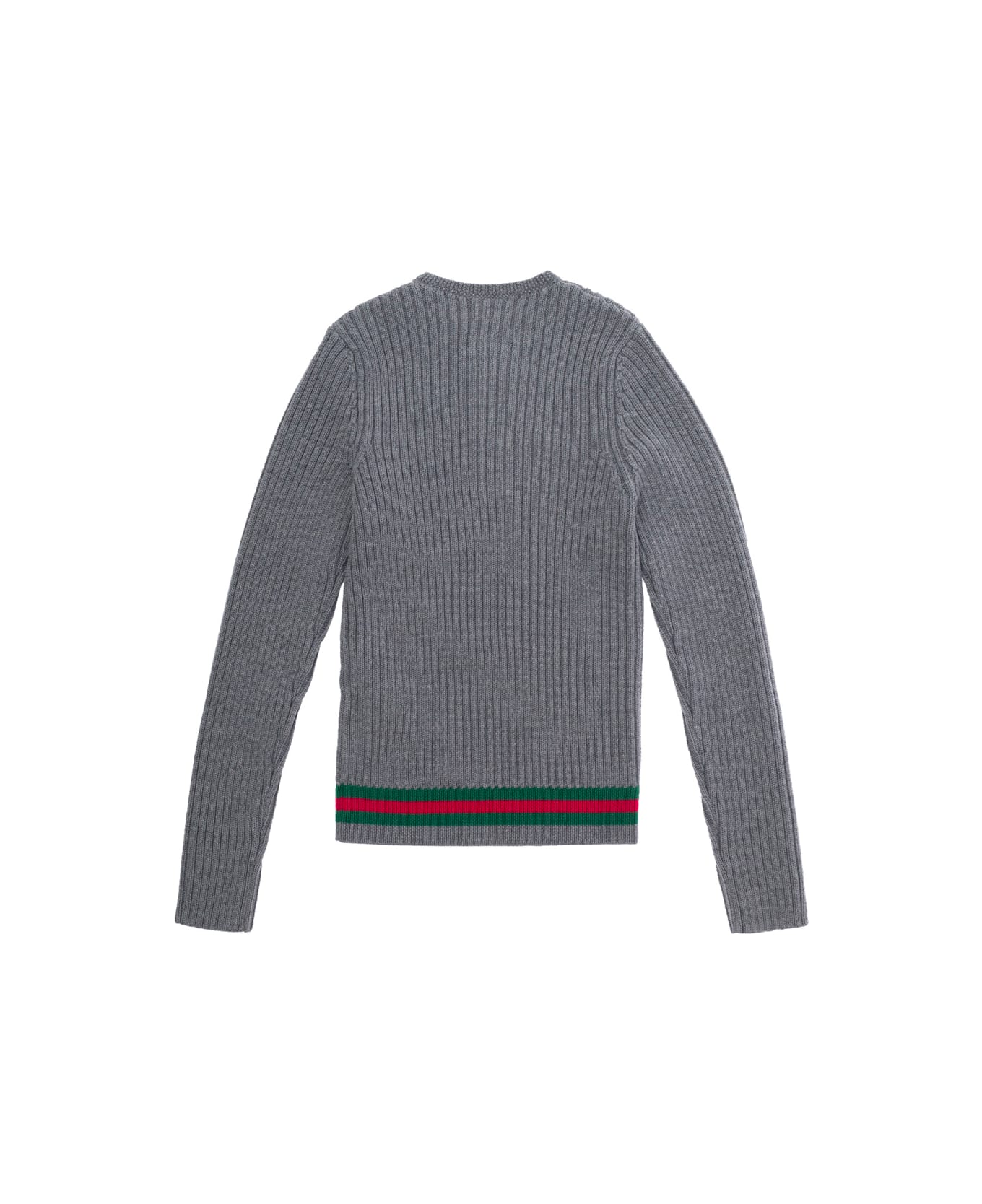 Gucci Grey Sweater With Web Detail In Ribbed Wool Boy - Grey