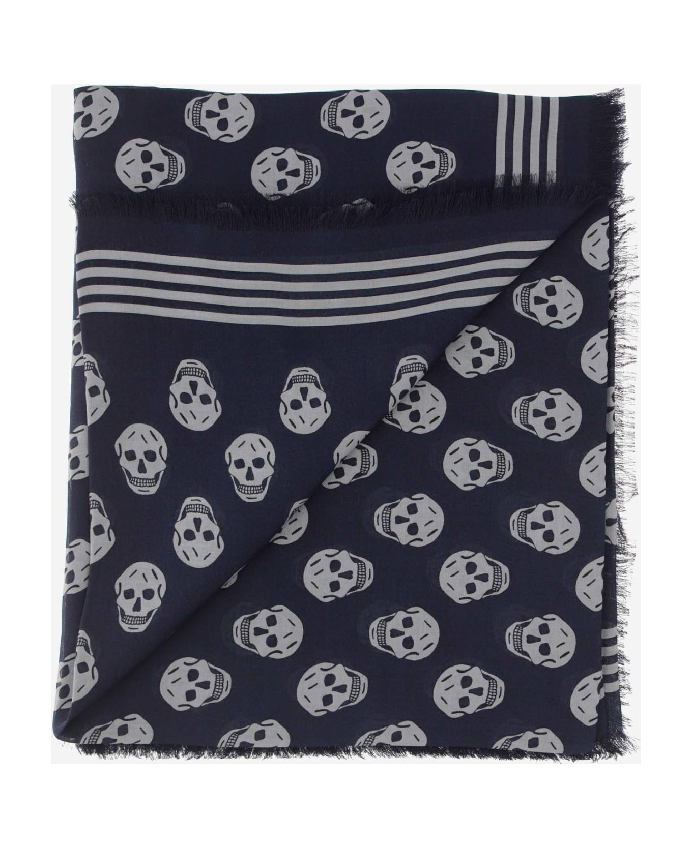 Alexander McQueen Skull Printed Fringed Scarf - Blue スカーフ
