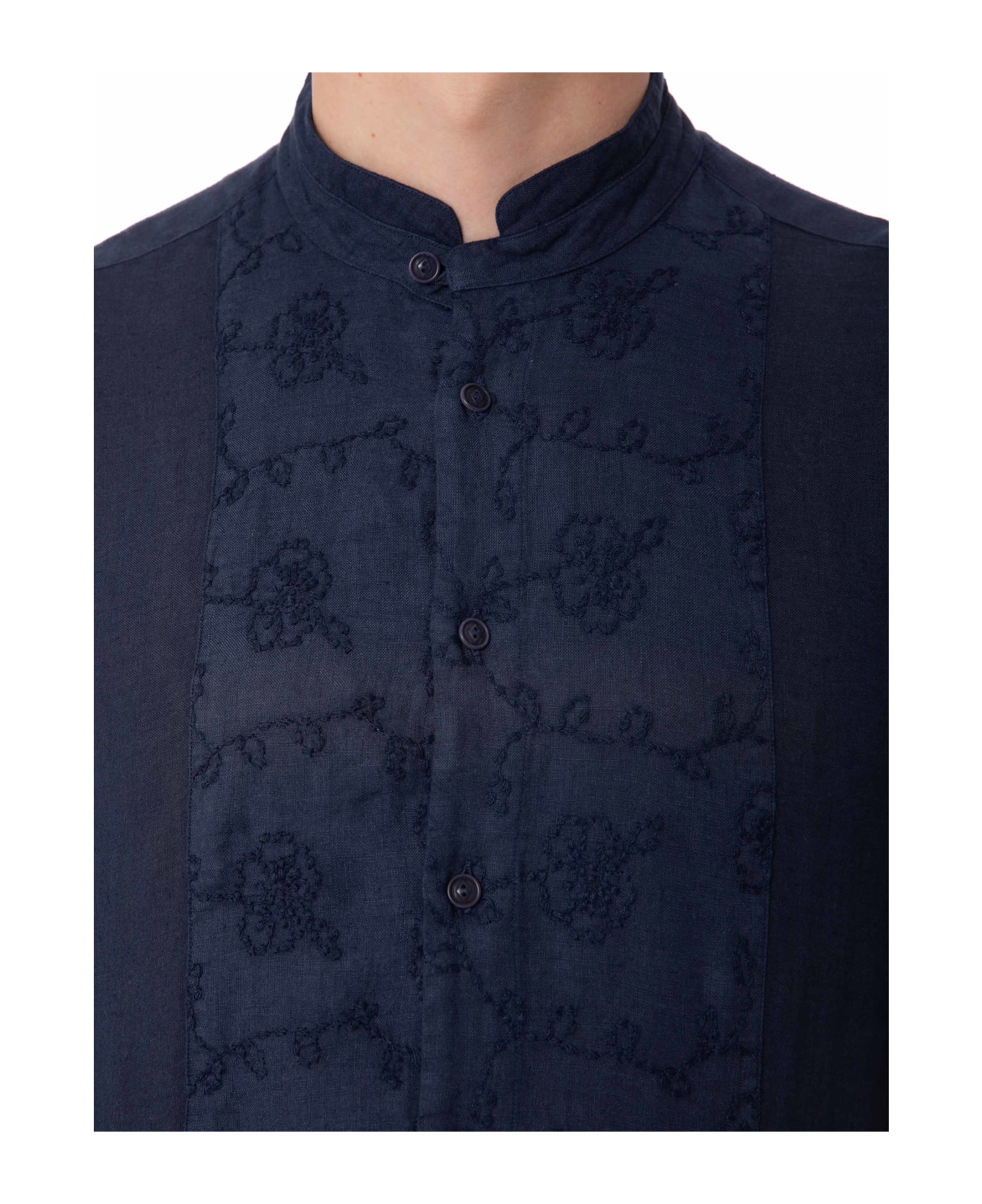MC2 Saint Barth Man Blue Linen Shirt With Flower Embroidery - BLUE