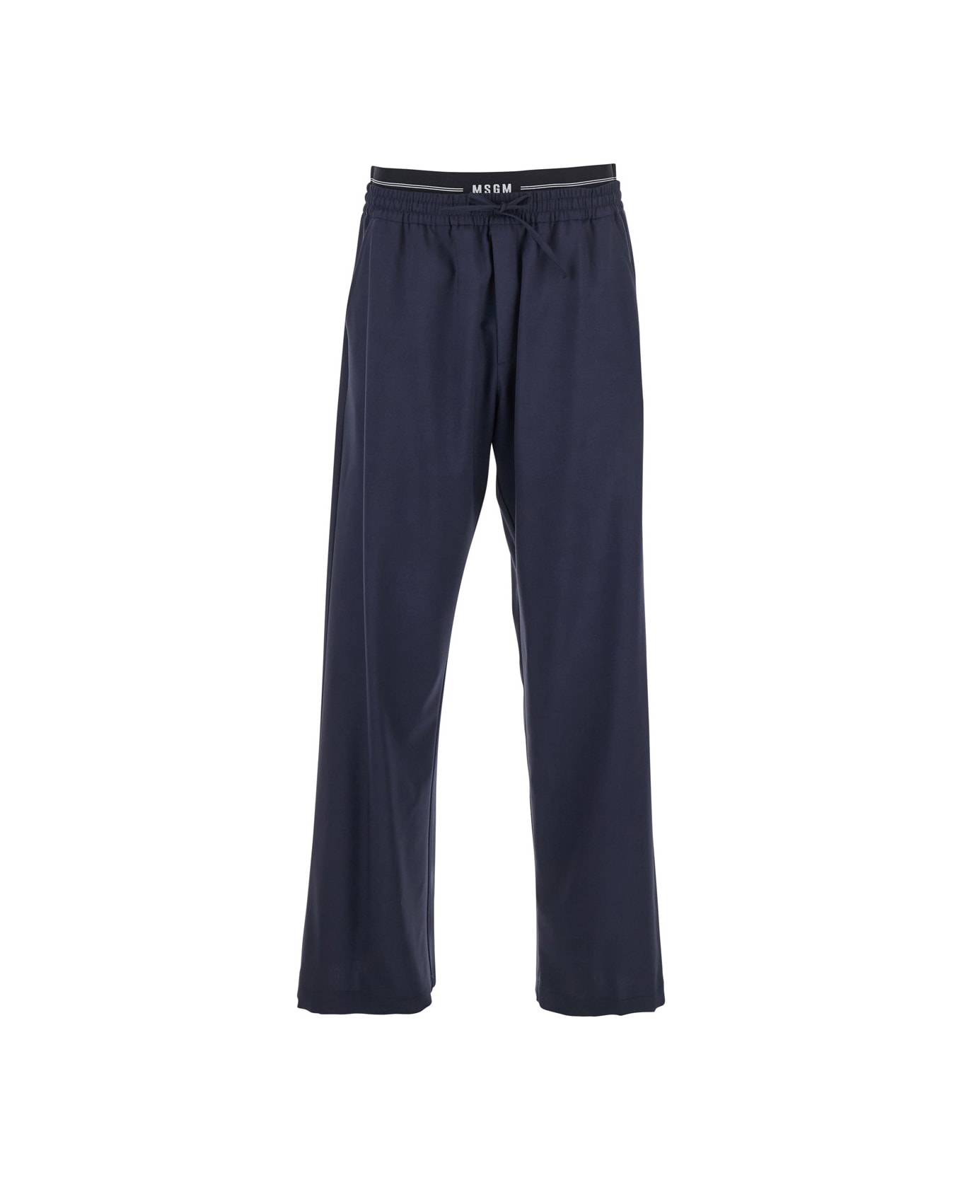 MSGM Blue Pants With Logo Band And Drawstring Waist In Cotton Man - Blu