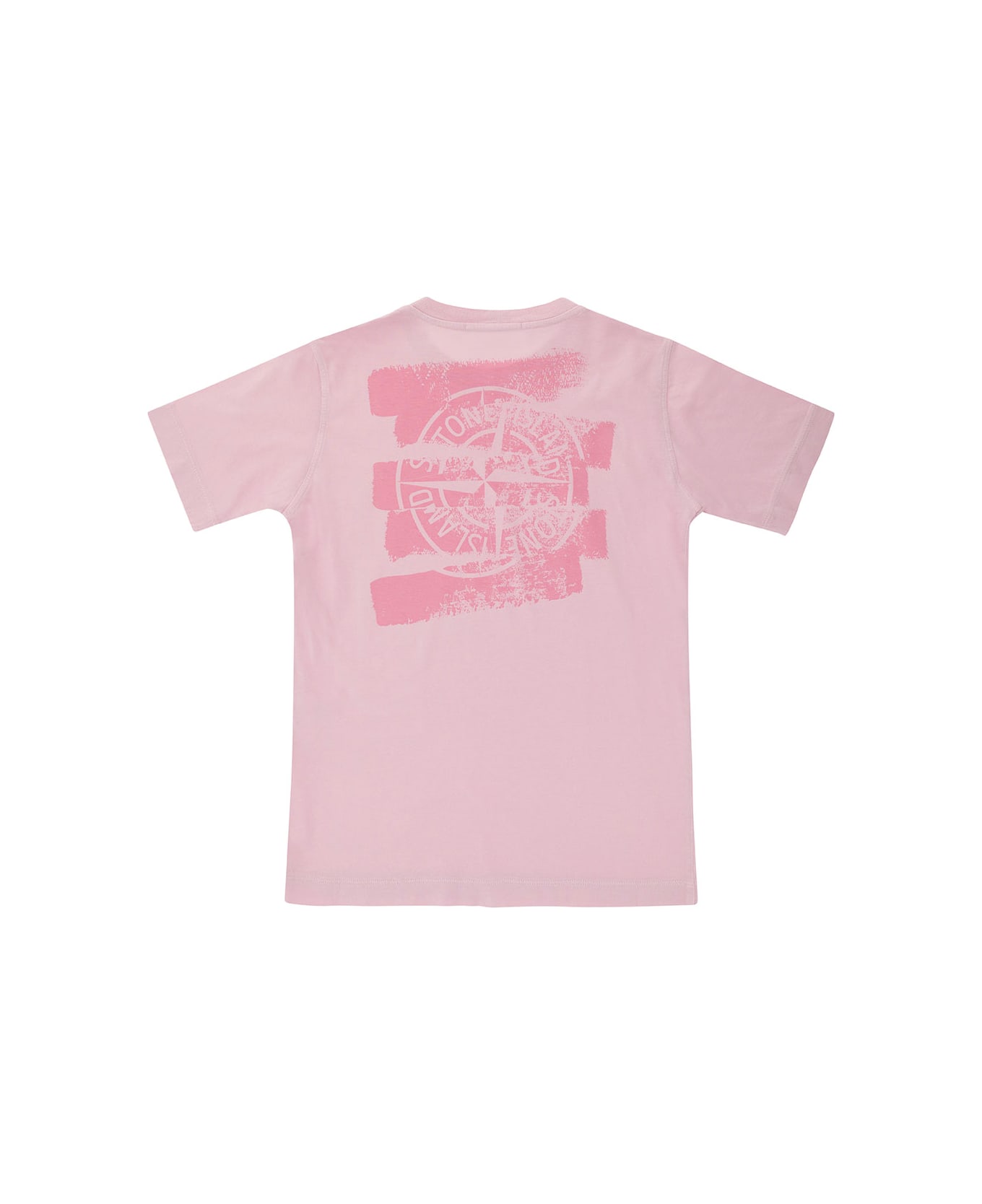 Stone Island Pink Crewneck T-shirt With Logo Print In Cotton Boy