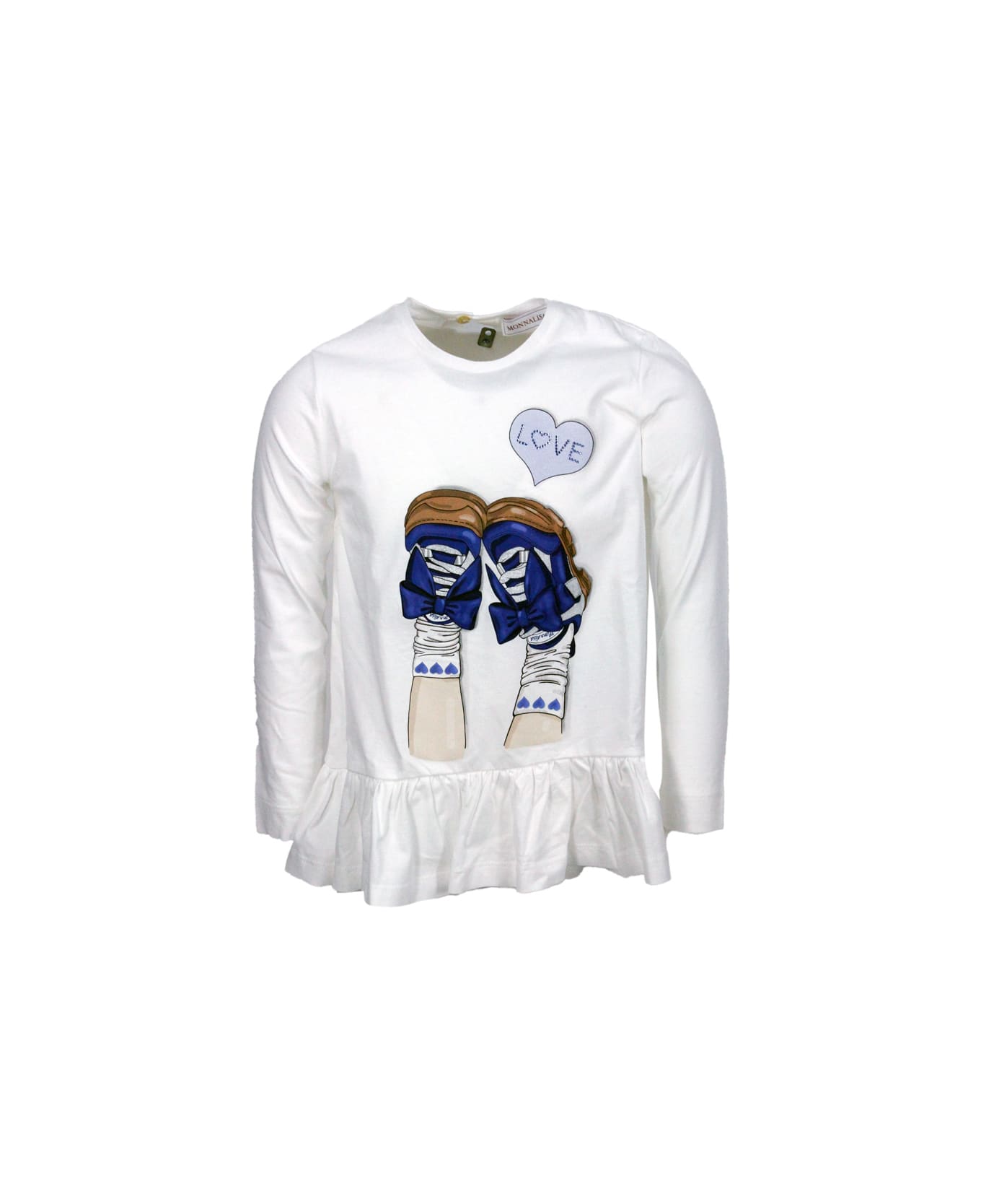 Monnalisa Long-sleeved Crew Neck T-shirt With Sneackers Print - White