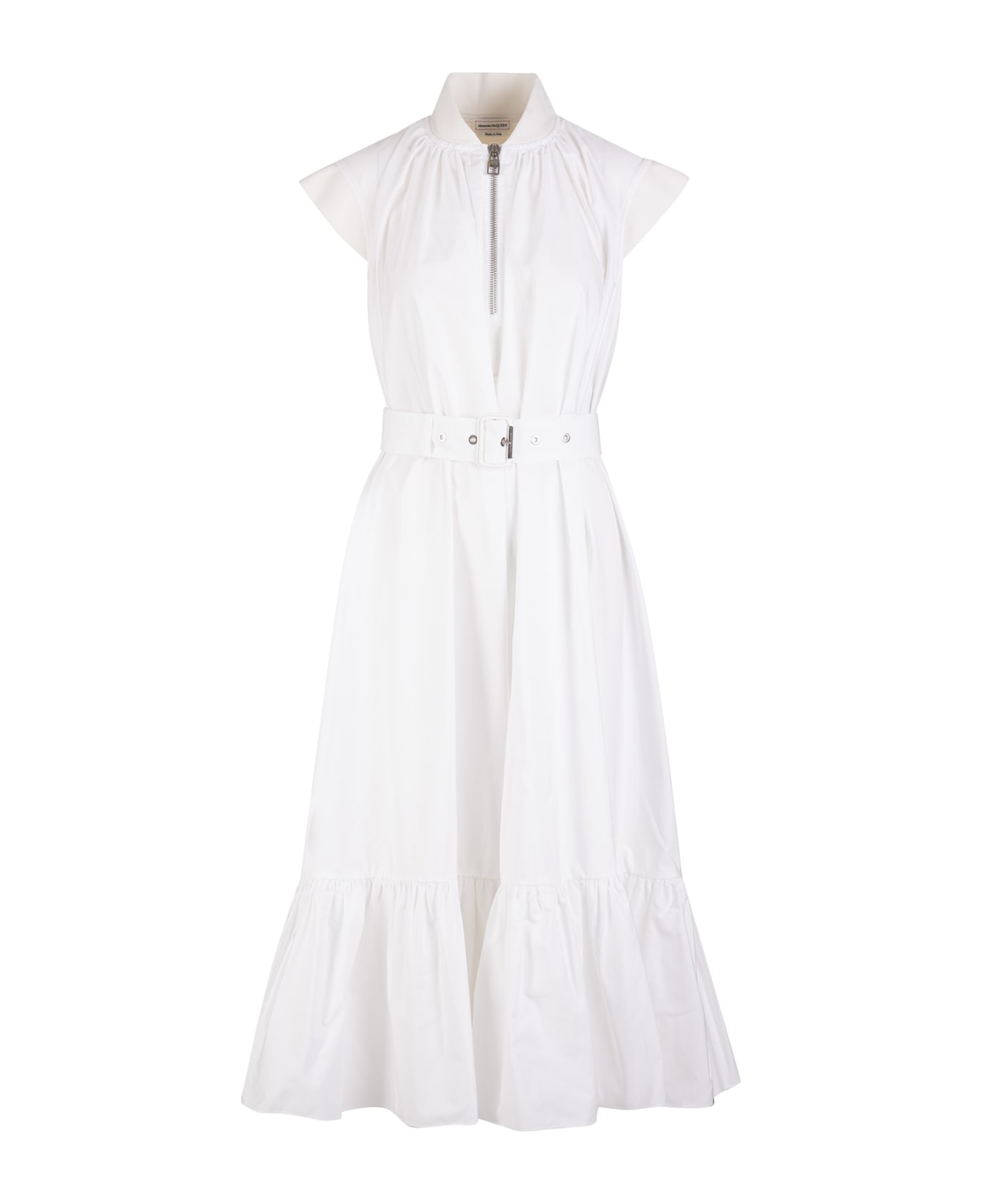 Alexander McQueen Woman Midi Dress In White Cotton With Zip And Belt - Optical white