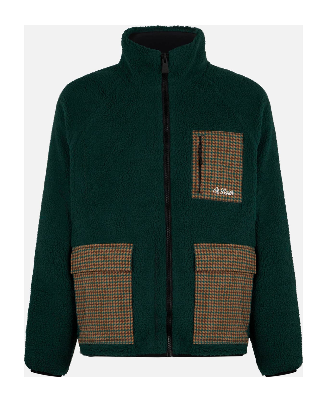 MC2 Saint Barth Man Green Sherpa Jacket With Check Patch Pockets - GREEN