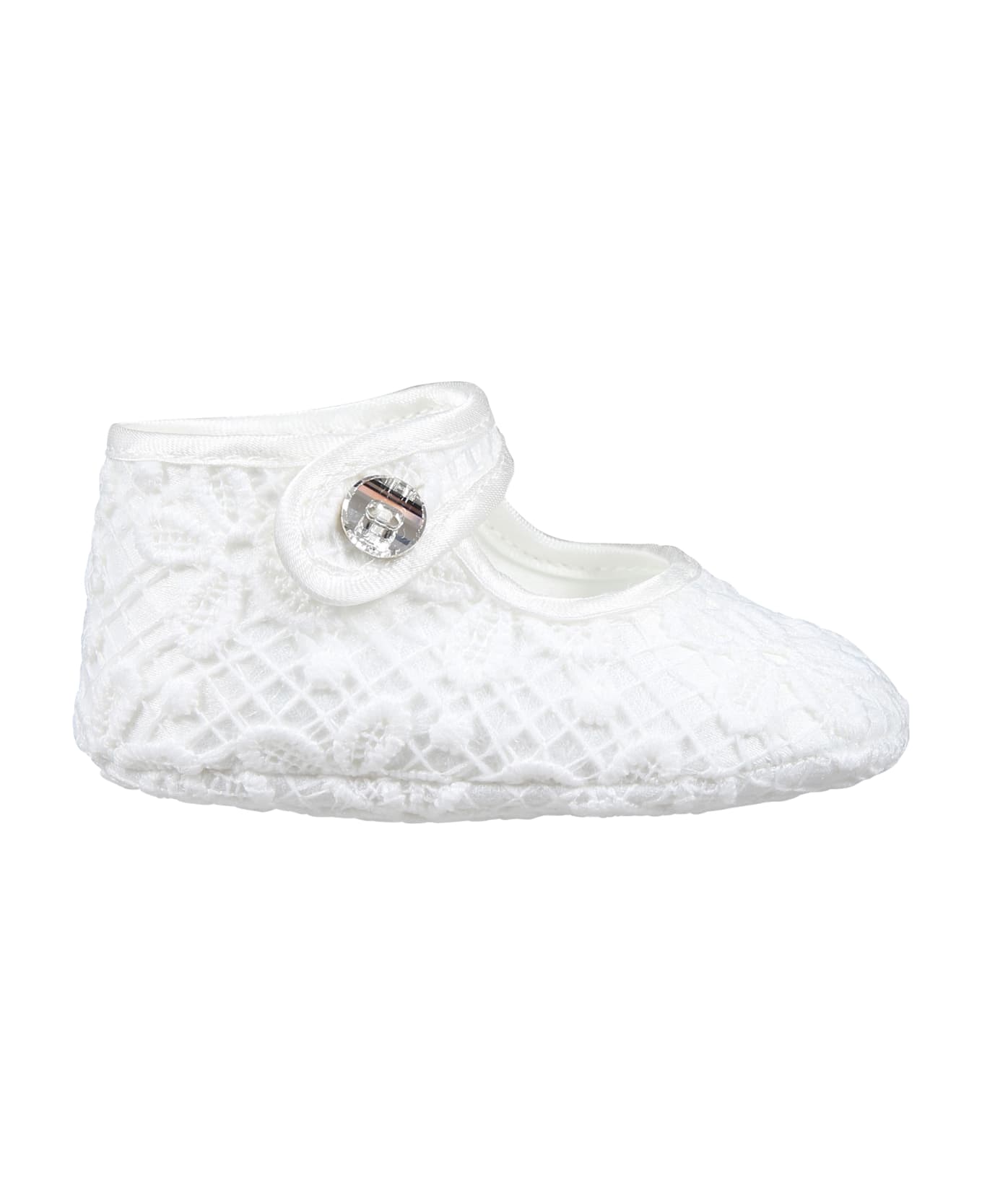 Monnalisa White Flat Shoes For Baby Girl In Dentelle Macramé - White