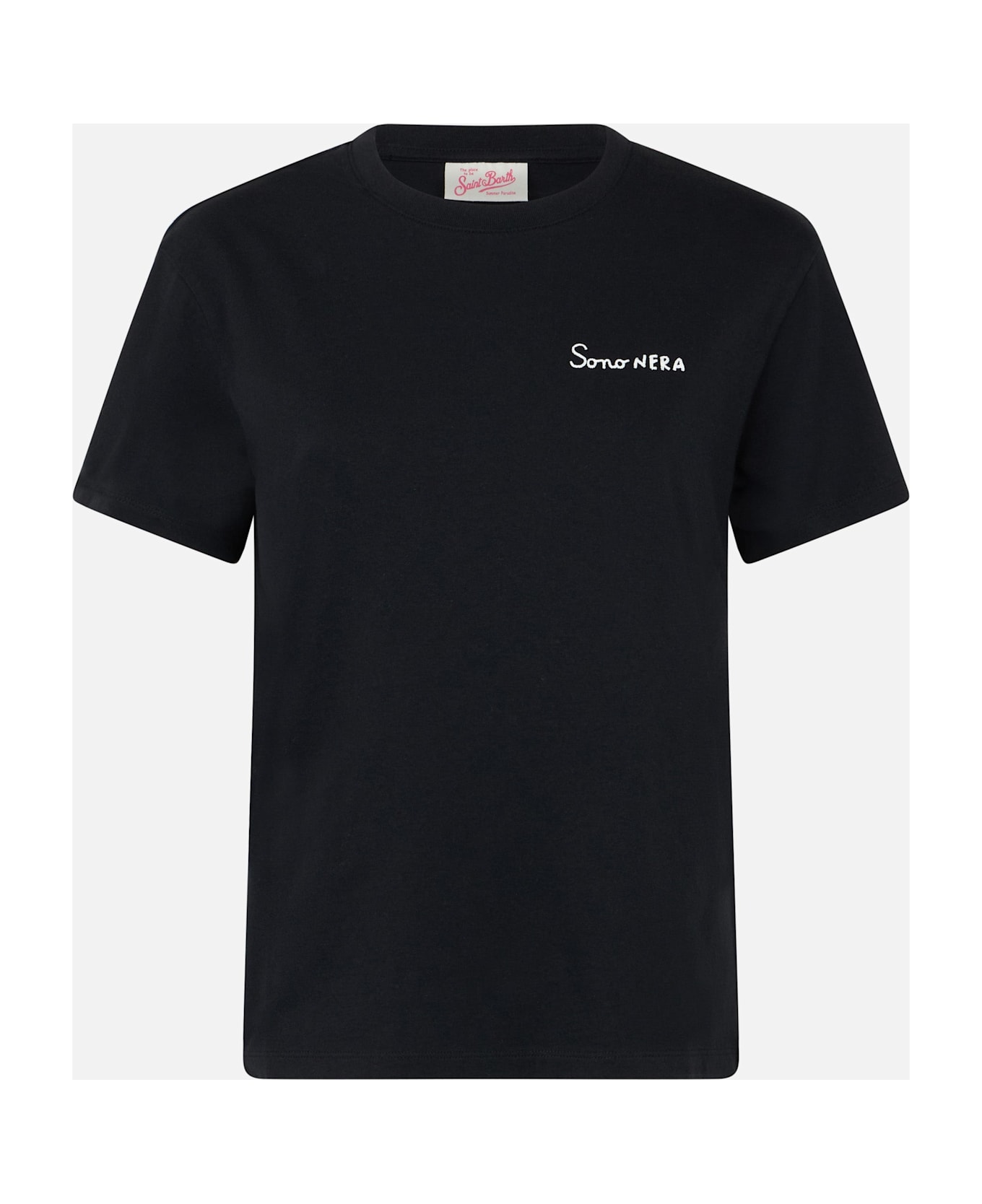 MC2 Saint Barth Woman Black Cotton Jersey Crewneck T-shirt Emilie With Sono Nera Embroidery - BLACK