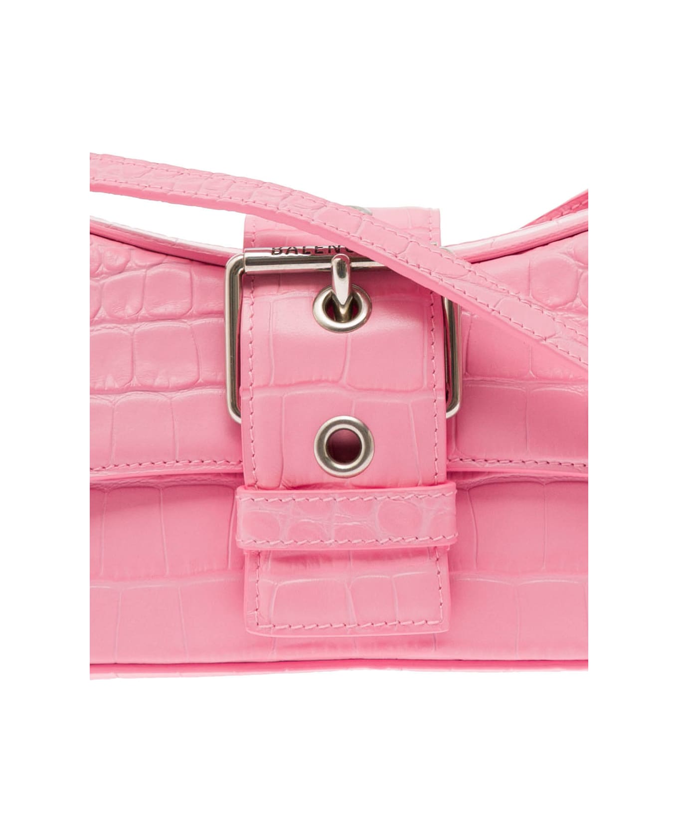 Balenciaga Lindsay Pink Small Shoulder Bag With Strap In Matte Crocodile Embossed Leather Wth Aged-silver Hardware Balenciaga Woman - Pink