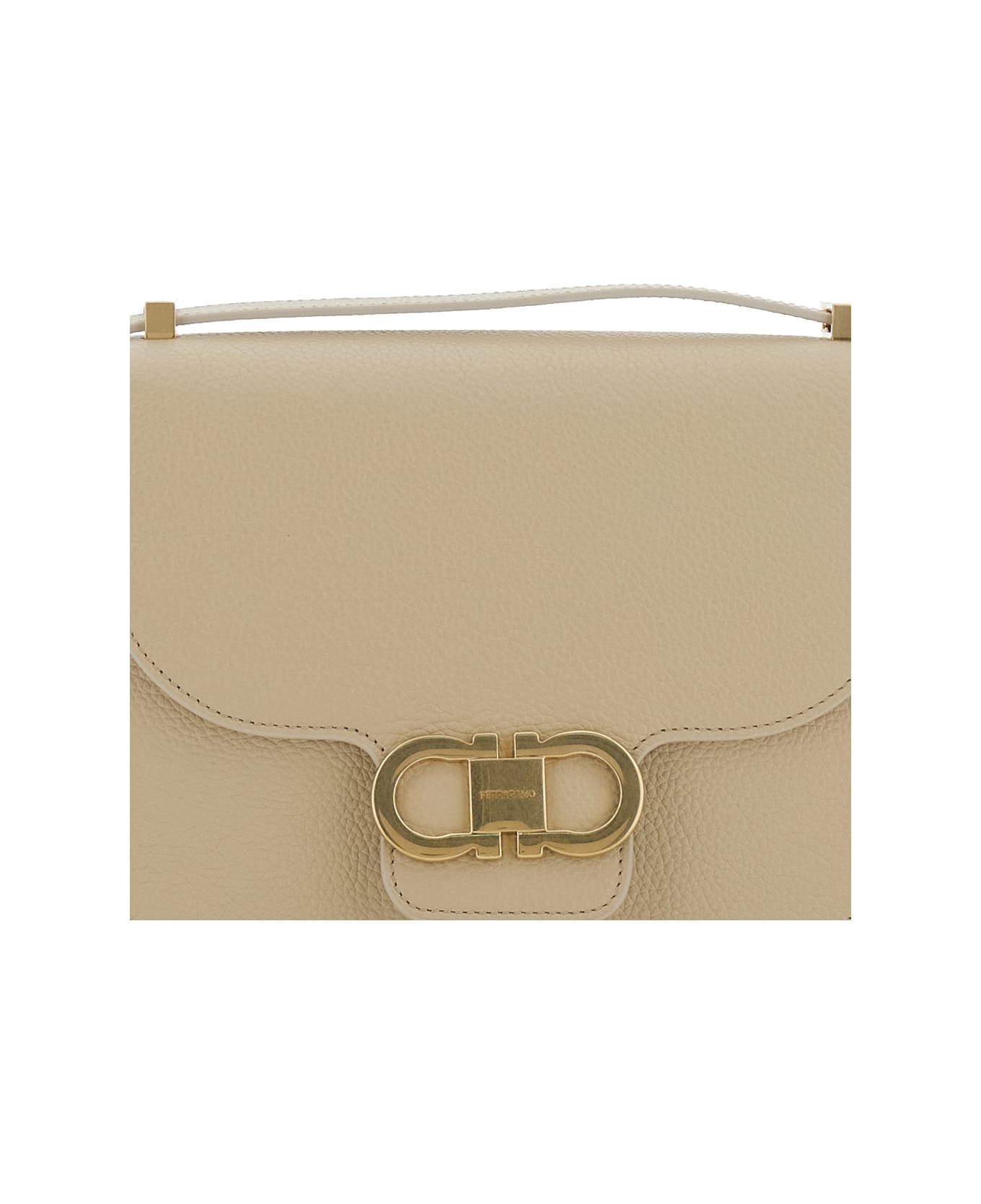 Ferragamo Beige Shoulder Bag With Metal Gancini Detail On The Front In Hammered Leather Woman - Beige
