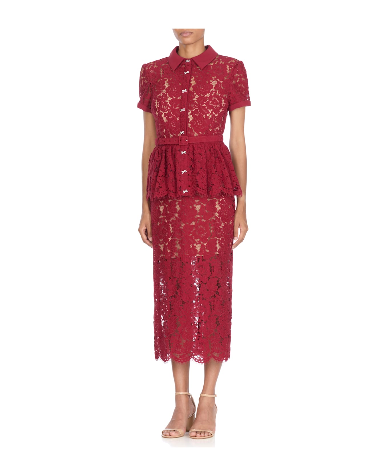 self-portrait Lace Peplum Midi Dress - Bordeaux