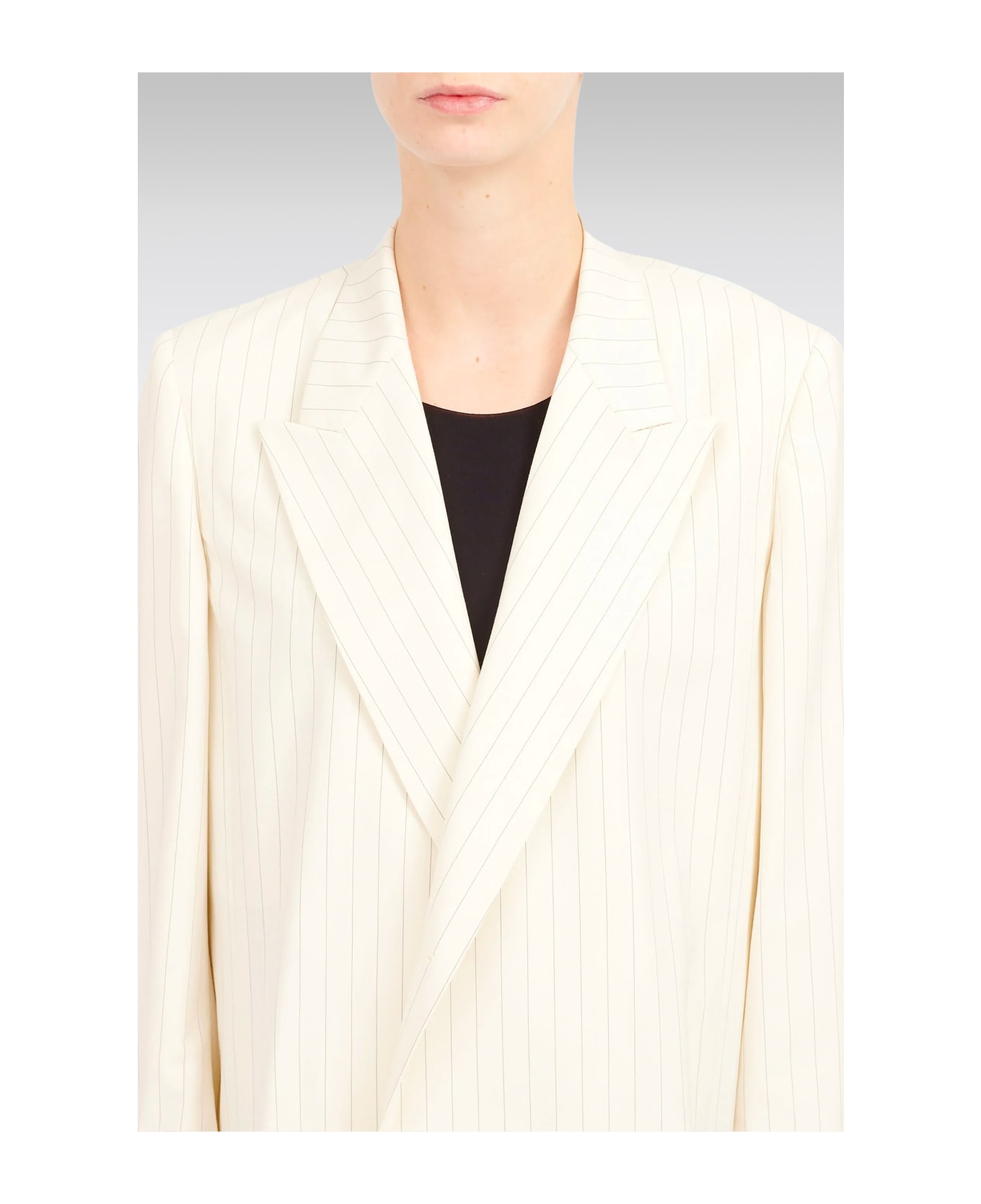 MM6 Maison Margiela Giacca Off White Pinstriped Long Double-breated Blazer - Panna