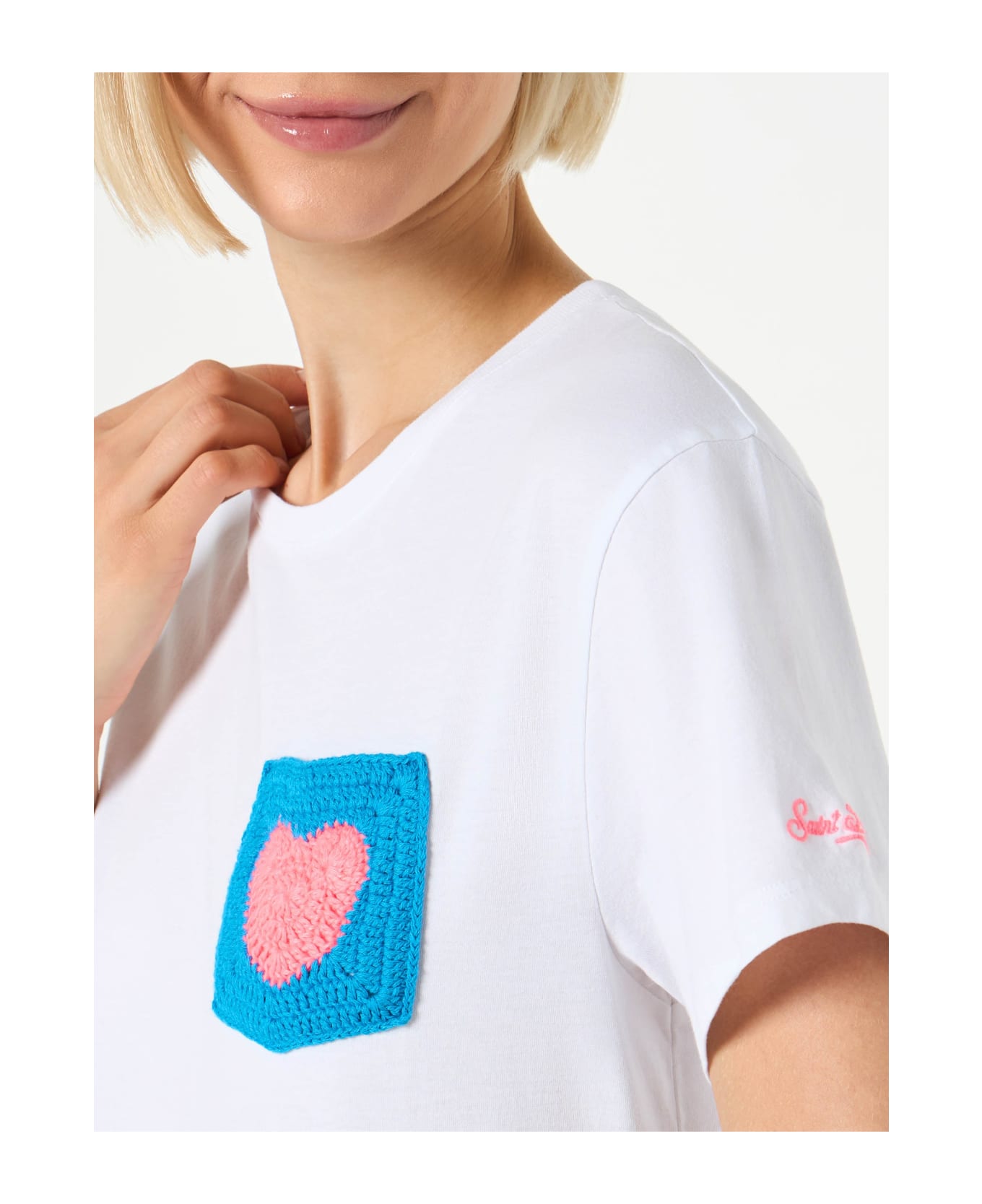MC2 Saint Barth Woman Cotton T-shirt With Heart Crochet Pocket - WHITE