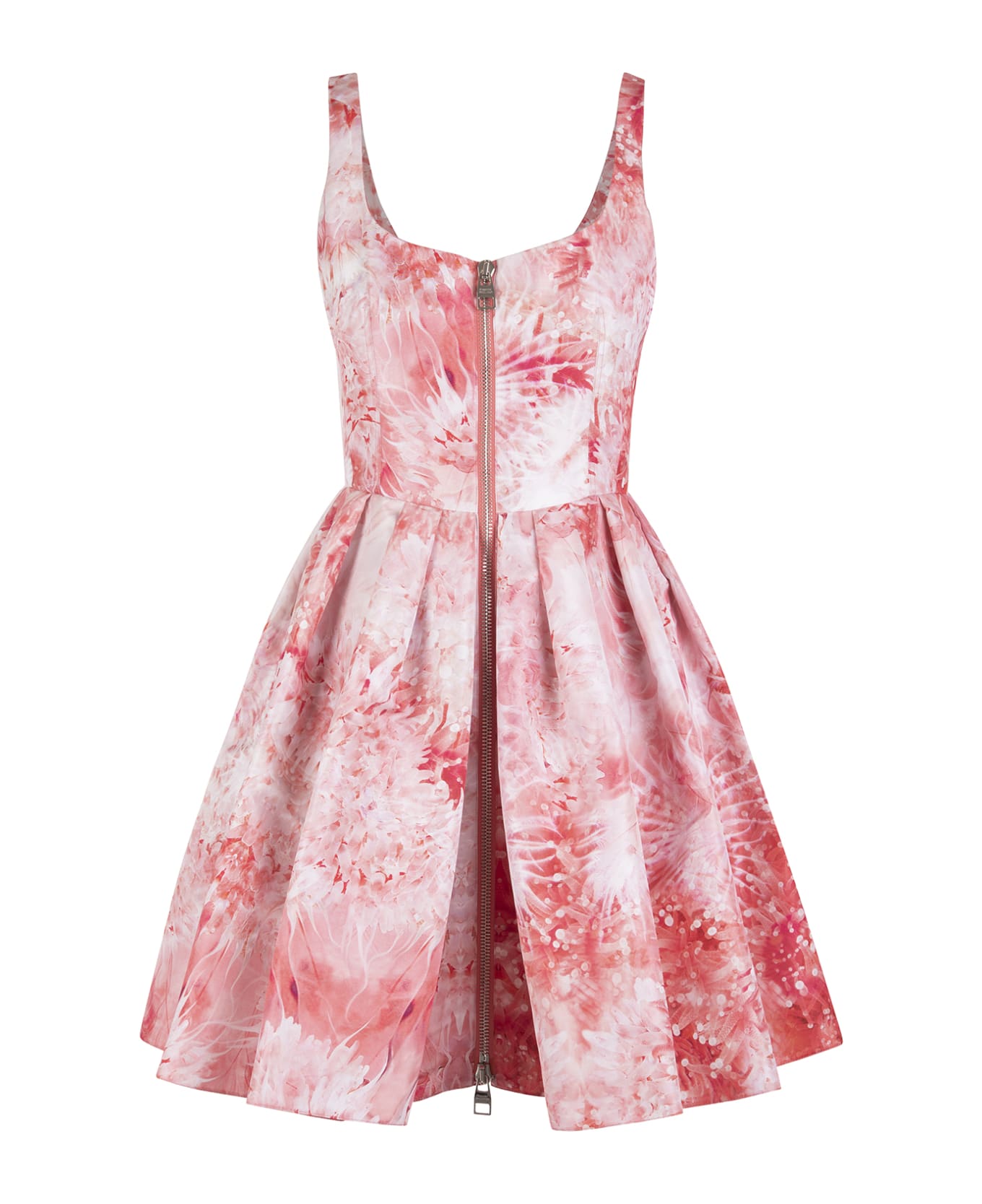 Alexander McQueen Woman Mini Dress In Polyfaille With Zip And Coral Print - Red mix