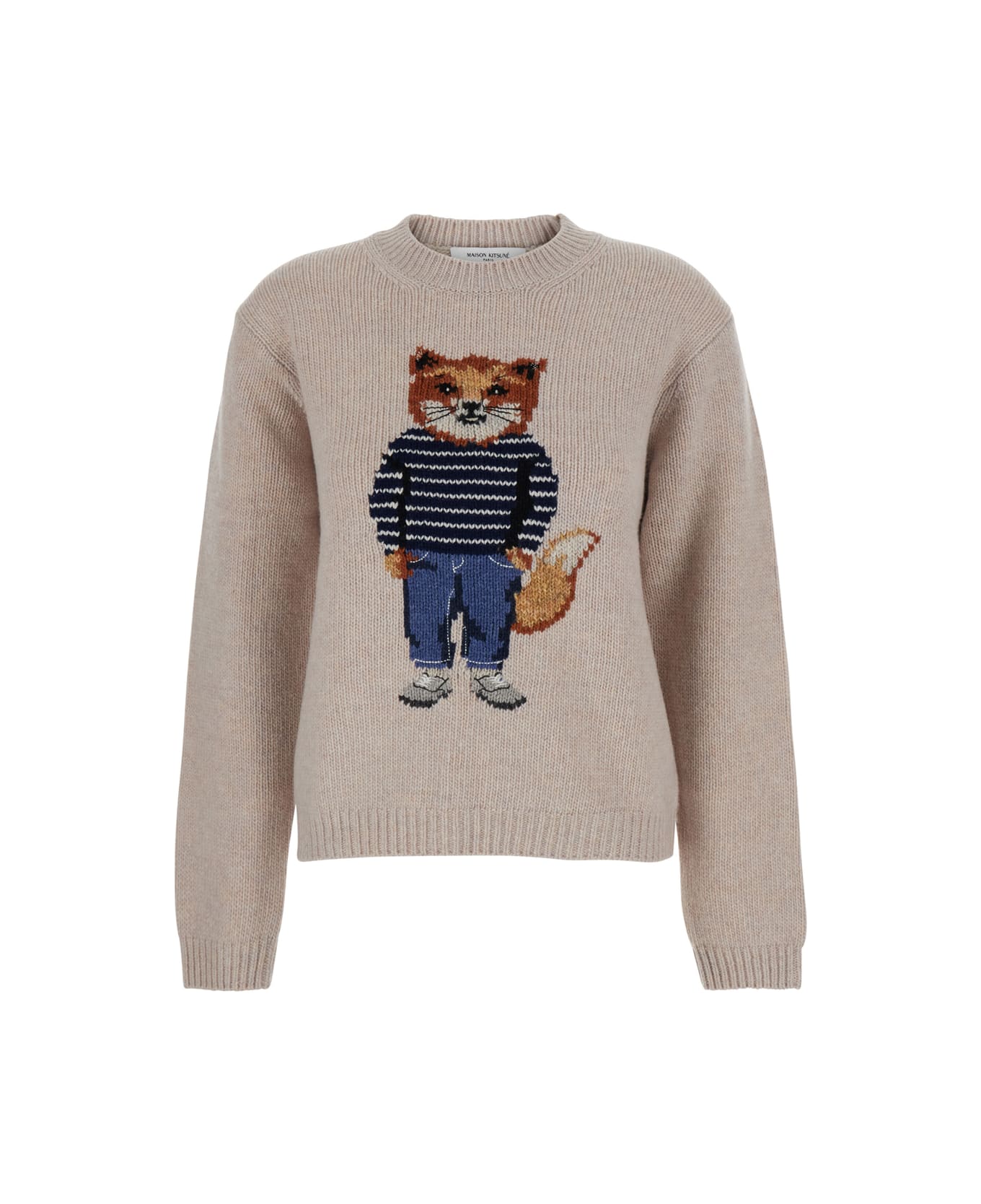 Maison Kitsuné Beige Crew Neck Sweater With Ribbed Design And Front Embroidery In Wool Woman - Beige