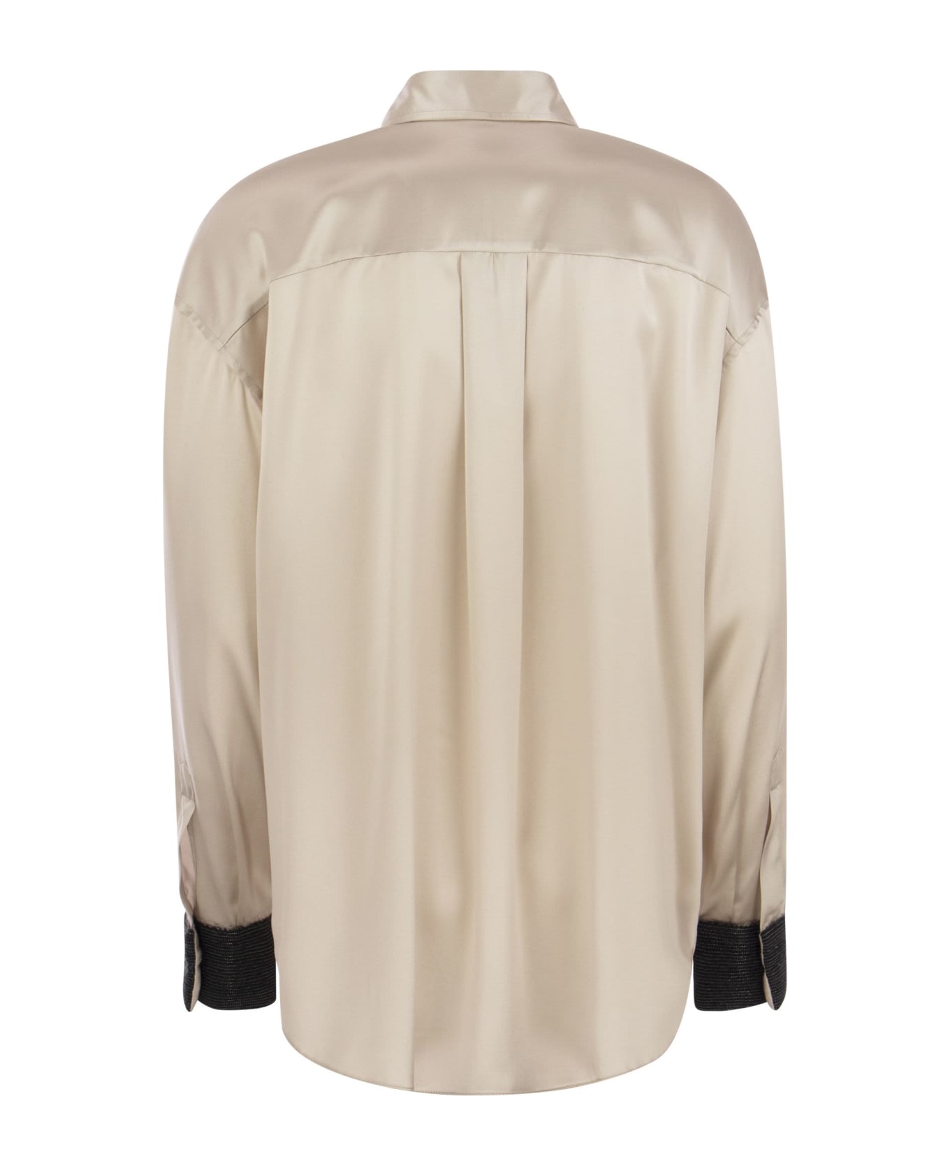 Brunello Cucinelli Stretch Silk Satin Shirt With Precious Contrast Cuffs - Beige