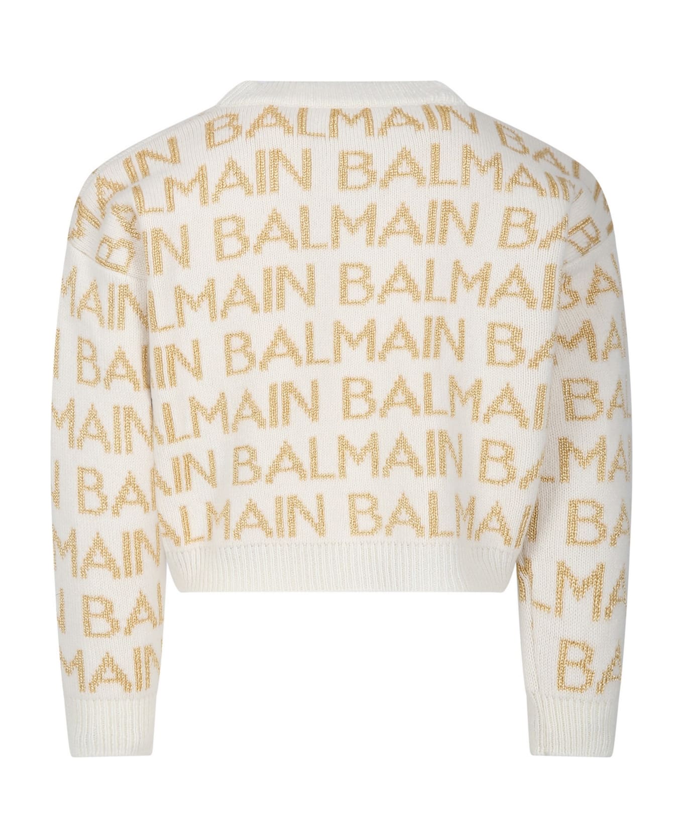 Balmain Ivory Sweater For Girl With Logo - Ivory ニットウェア＆スウェットシャツ