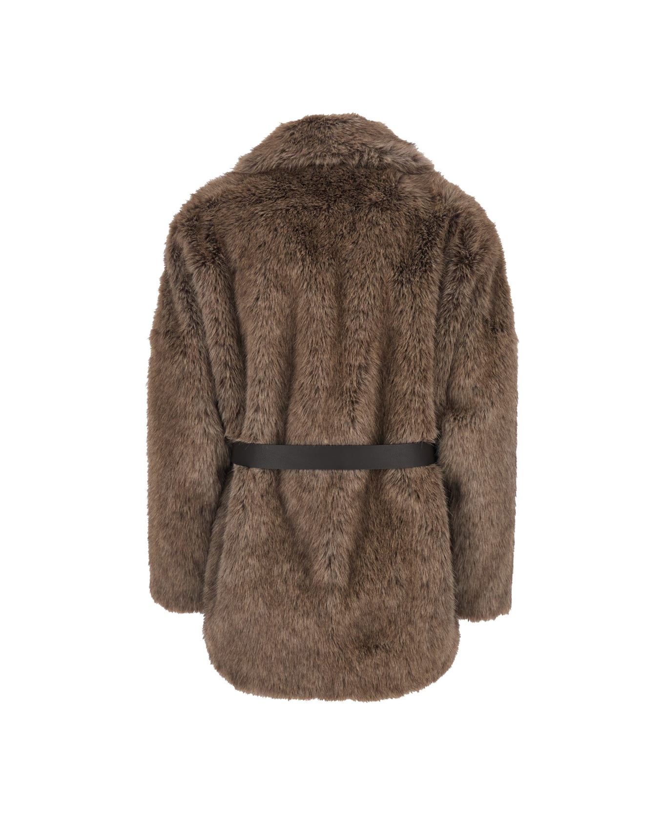 Parosh Brown Fur Jacket With Notched Revers And Leather Belt In Ecofur Woman - Brown