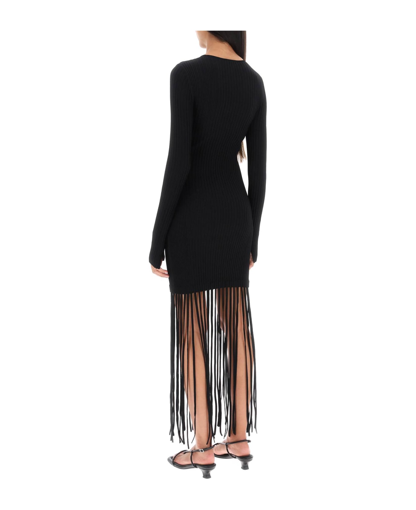Ganni Ribbed-knit Dress With Fringes - BLACK (Black) ワンピース＆ドレス