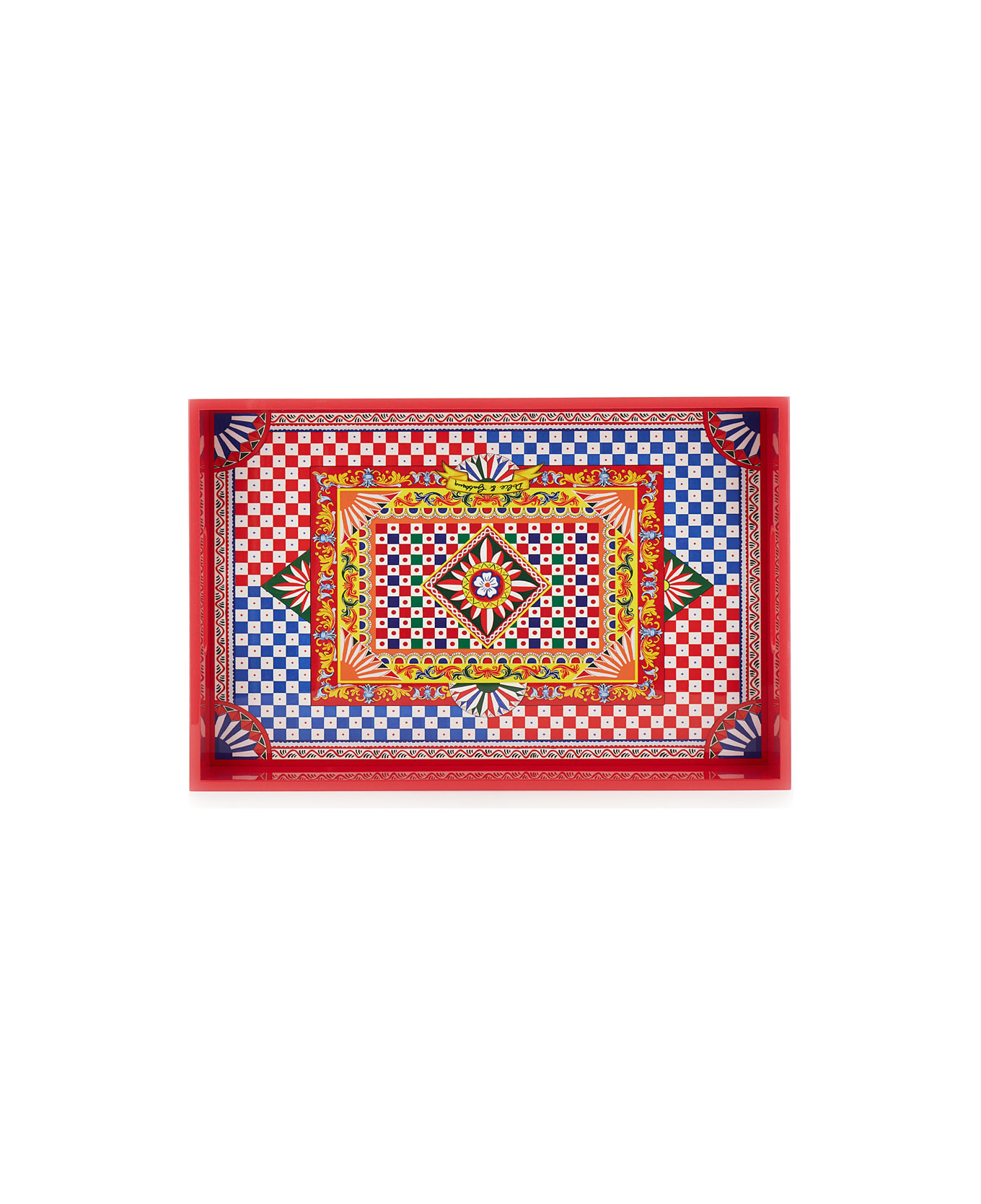 Dolce & Gabbana Multicolor Rectangular Tray With Carretto Siciliano Print In Lacquered Wood - Red