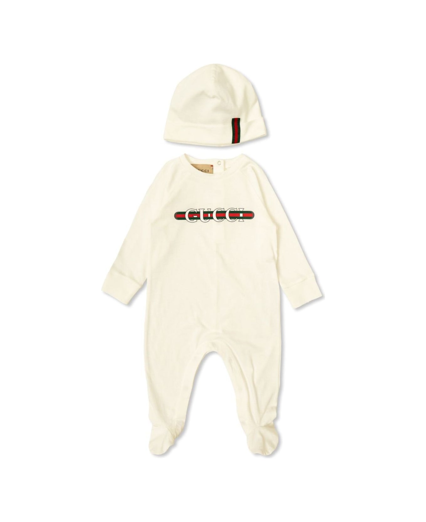 Gucci White Romper And Beanie Set With Logo In Fabric Baby - White