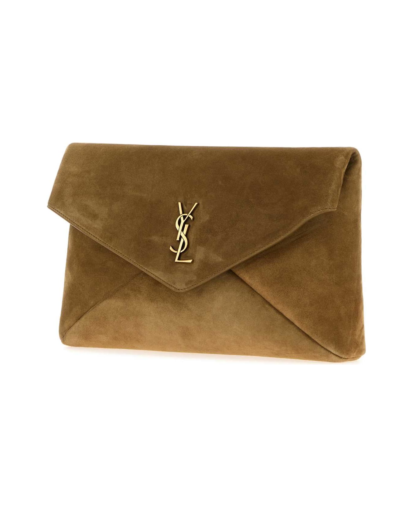 Saint Laurent Camel Suede Large Envelope Clutch - GOLDEN LEAF