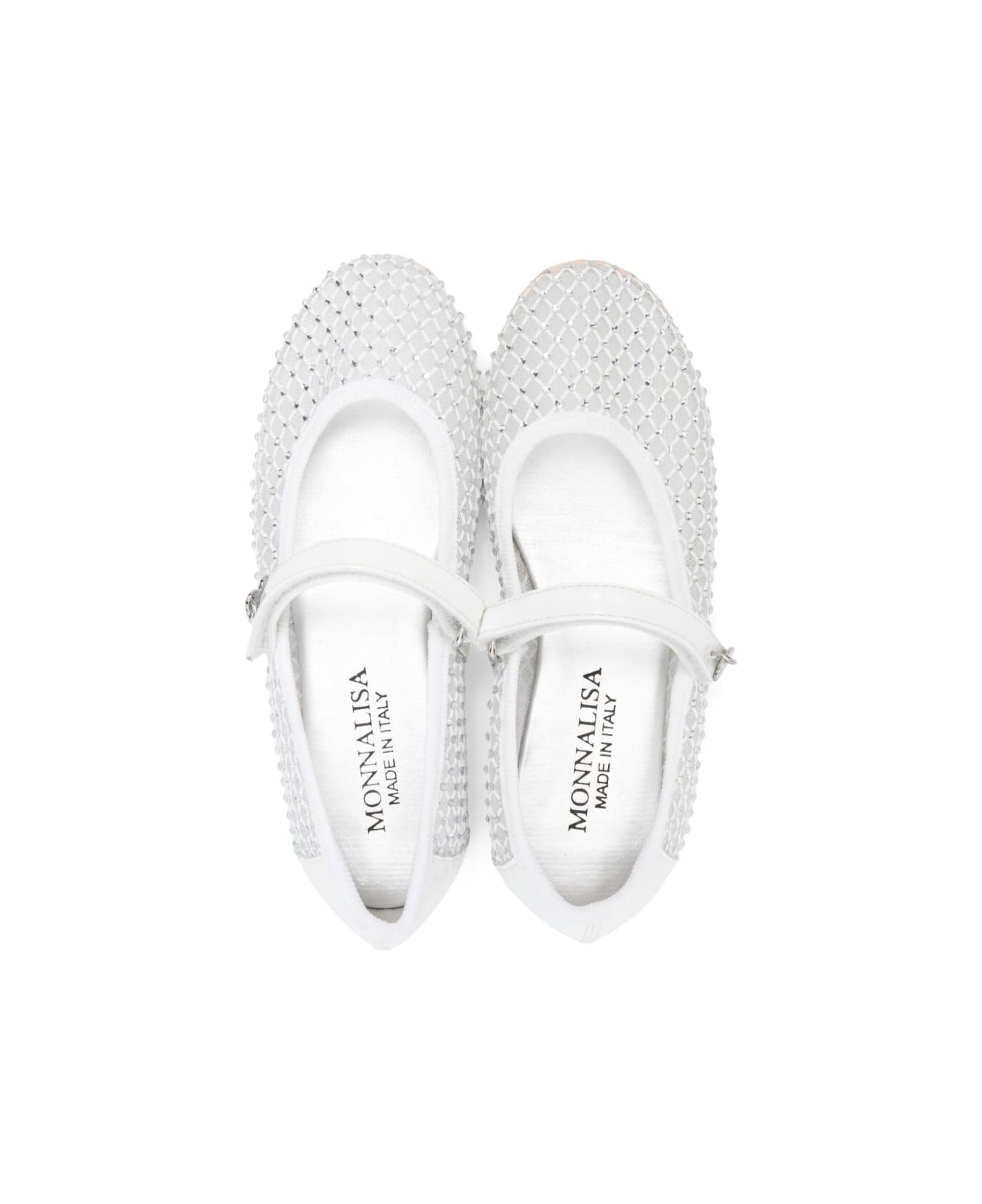 Monnalisa White Ballet Shoes With Logo Charm On Theside And Crystal Embellishments In Tech Fabric Girl - White