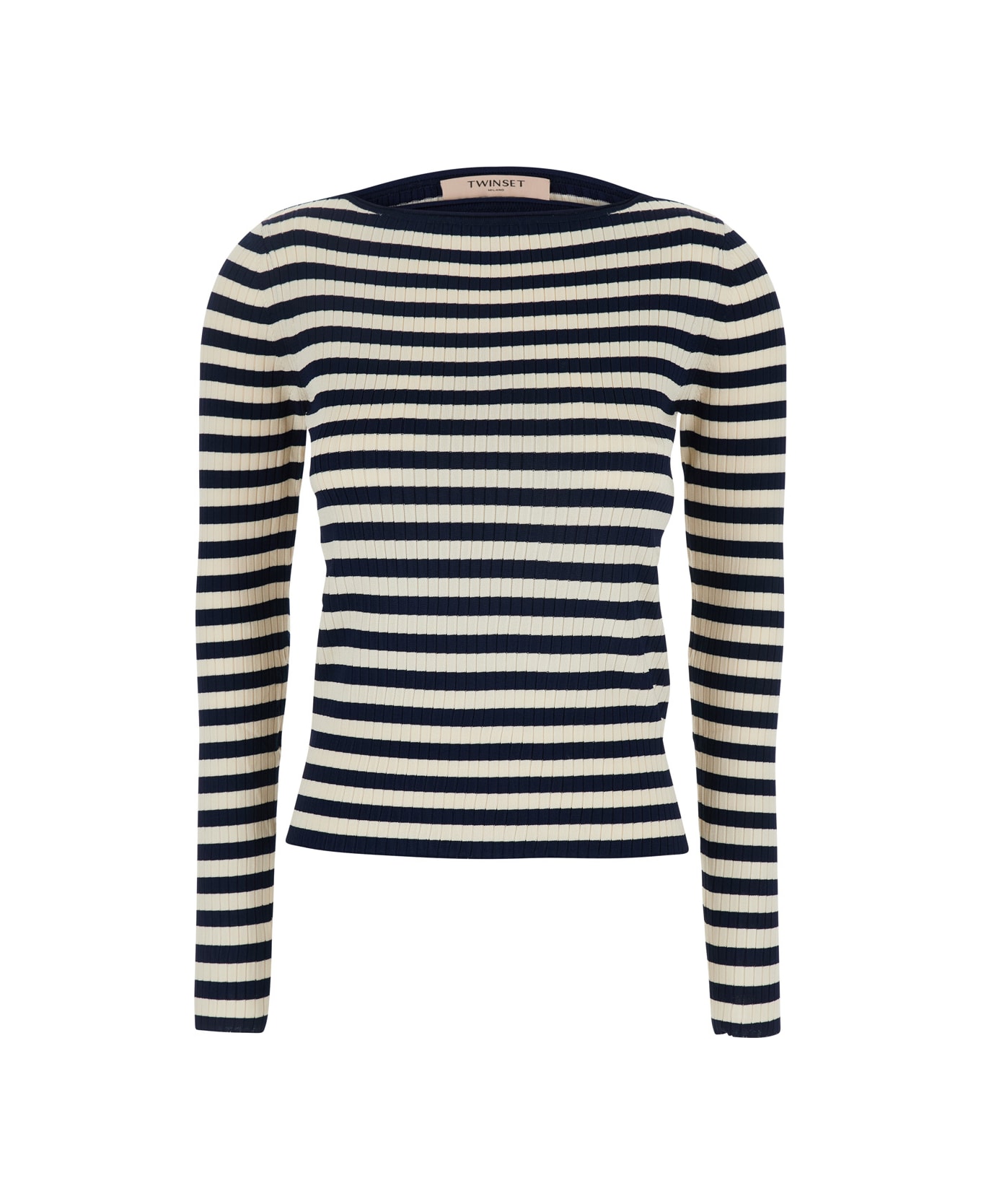 TwinSet White And Black Top With Ribbed Design And All-over Striped Motif In Viscose Woman - White/black