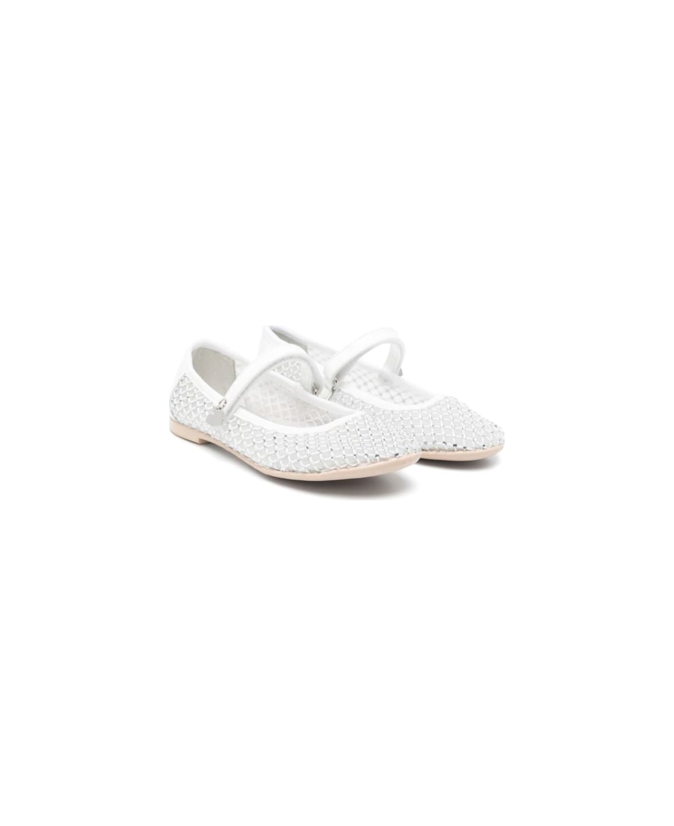 Monnalisa White Ballet Shoes With Logo Charm On Theside And Crystal Embellishments In Tech Fabric Girl - White