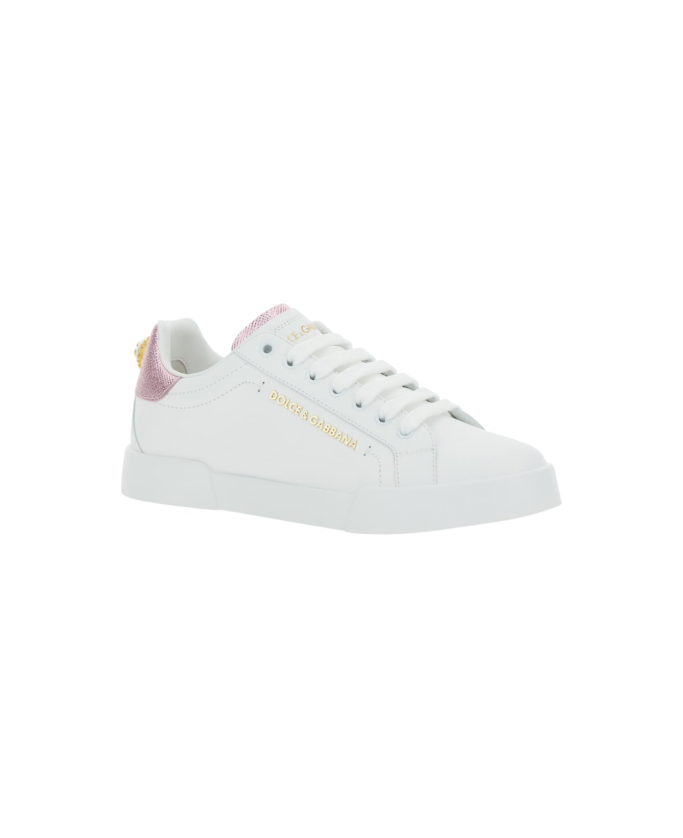 Dolce & Gabbana 'portofino' White Sneaker With Logo And Metallic Inserts In Leather Woman - White