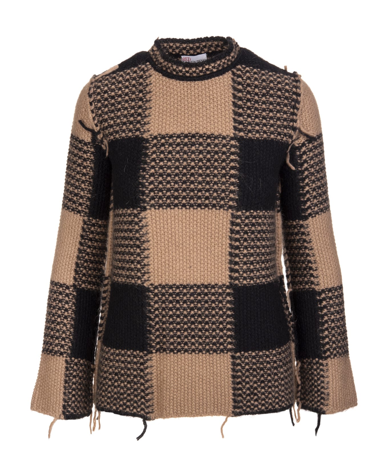 RED Valentino Cotton Sweater With Beige And Black Macro Vichy Pattern - Cammello/nero