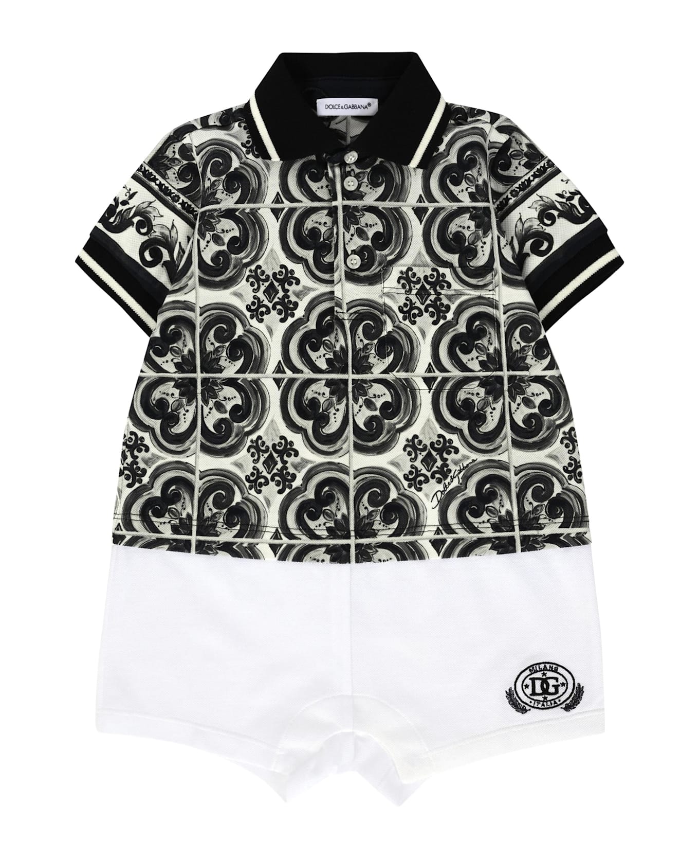 Dolce 
Gabbana Black Romper For Baby Boy With Majolica Print - Black