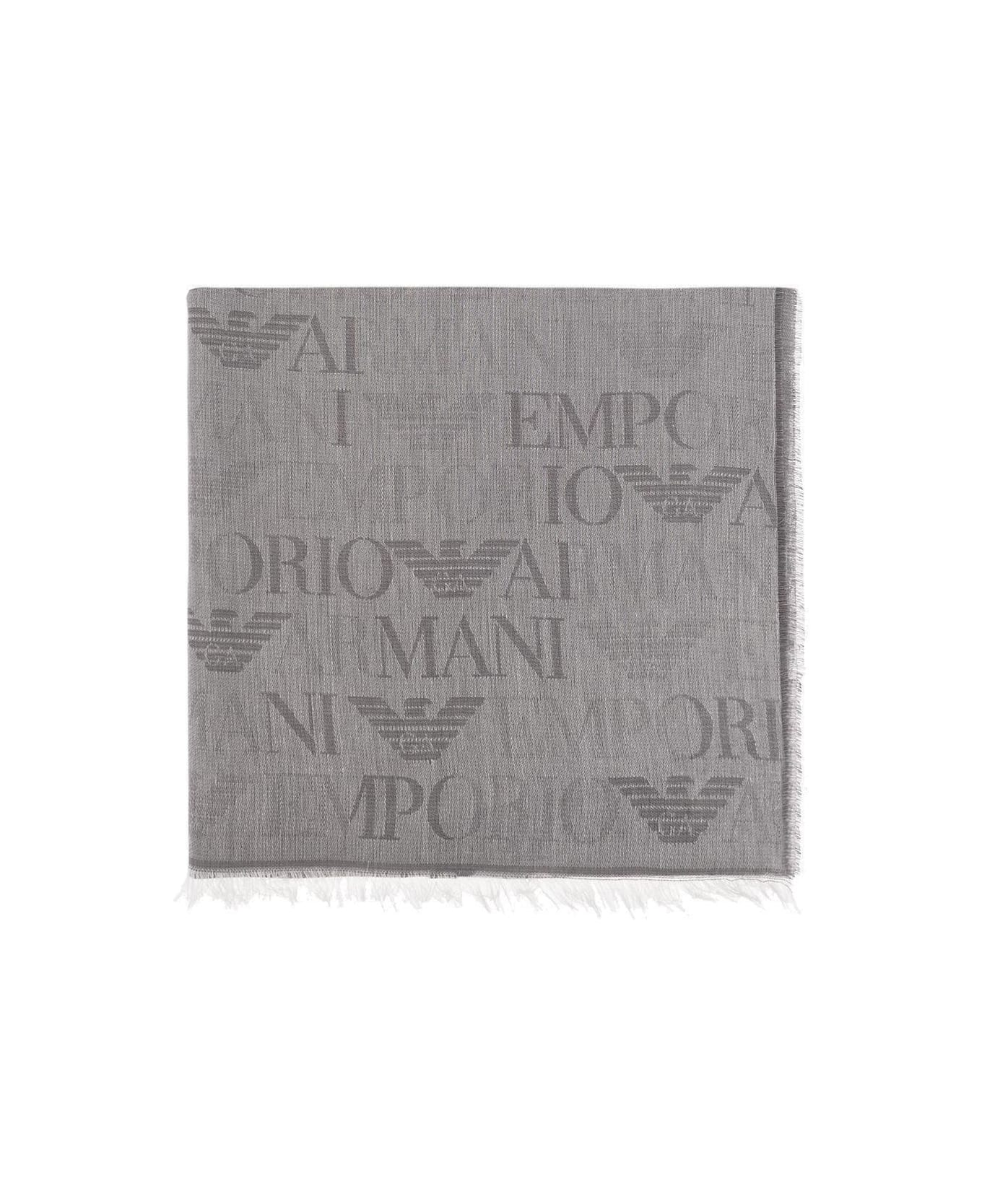 Emporio Armani Logo-jacquard Frayed Edge Scarf - Light Grey