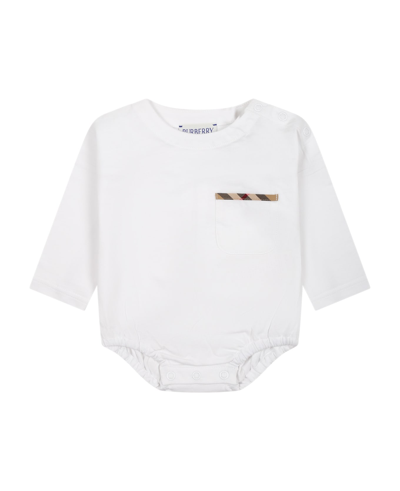 Burberry White Bodysuit For Babies With Vintage Check Detail On The Pocket