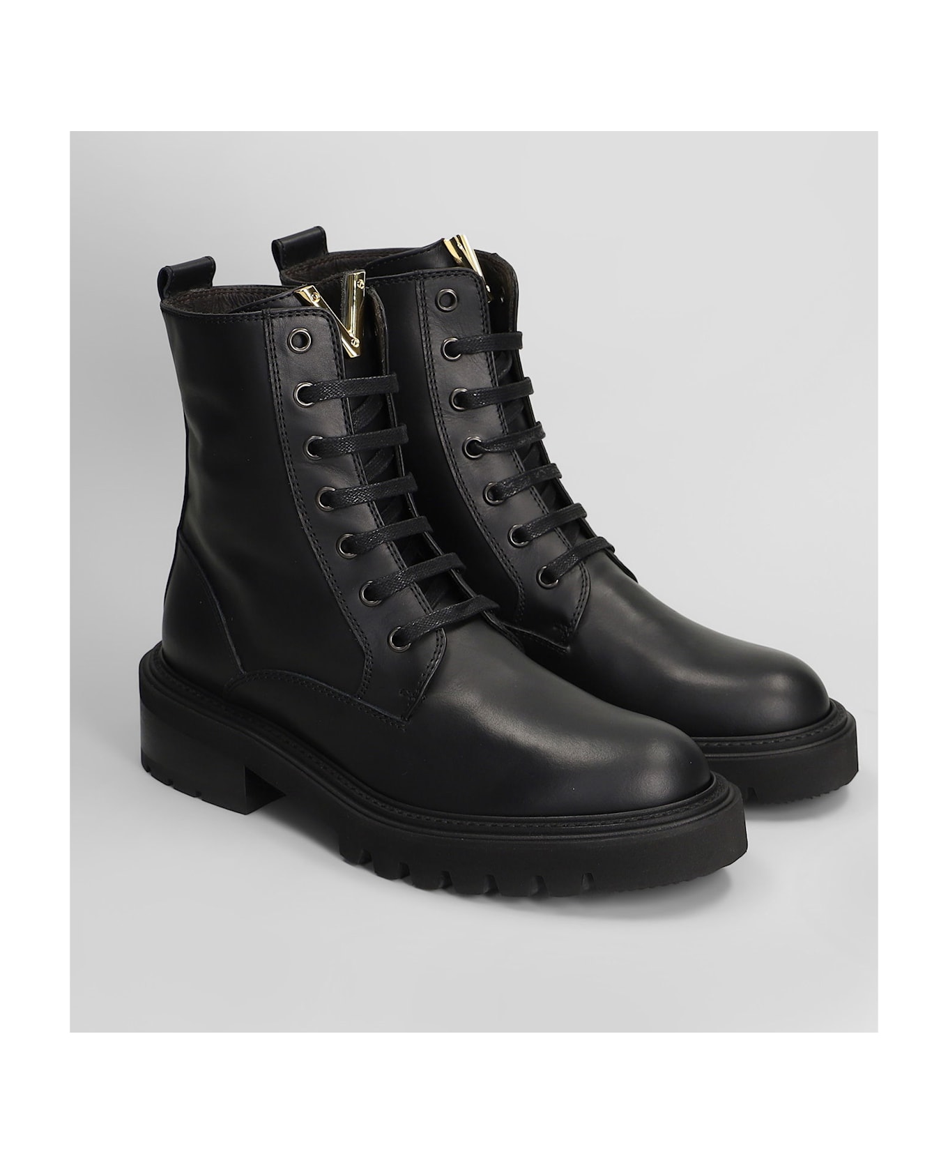 Via Roma 15 Combat Boots In Black Leather - black