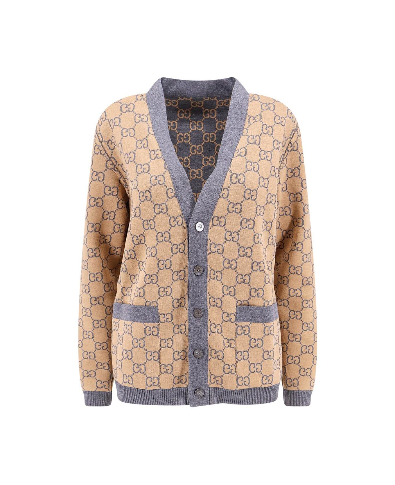 Gucci Monogrammed Intarsia Button-up Cardigan - Grey/camel